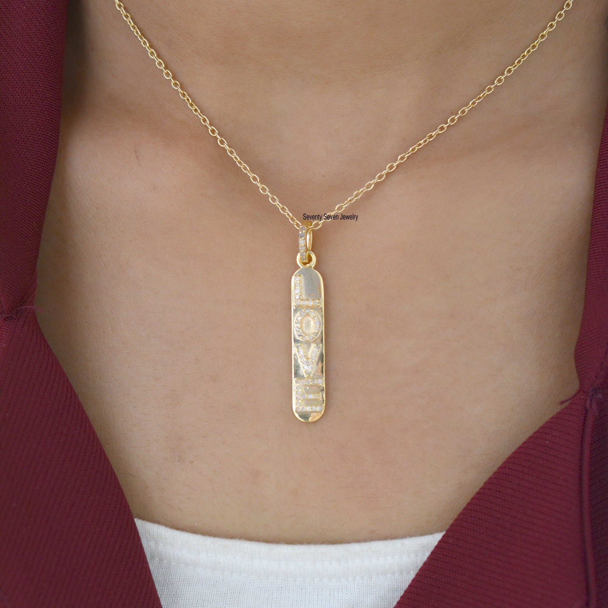 Diamond 'LOVE' 925 Silver Vertical Pendant Necklace - Seventy Seven Jewelry | SKU: SSMJP224-SLYGDI-2026,SSMJP224-SLYGDI-N06-1 Diamond 'LOVE' 925 Silver Vertical Pendant Necklace - Seventy Seven Jewelry | SKU: SSMJP224-SLYGDI-2026,SSMJP224-SLYGDI-N06-1