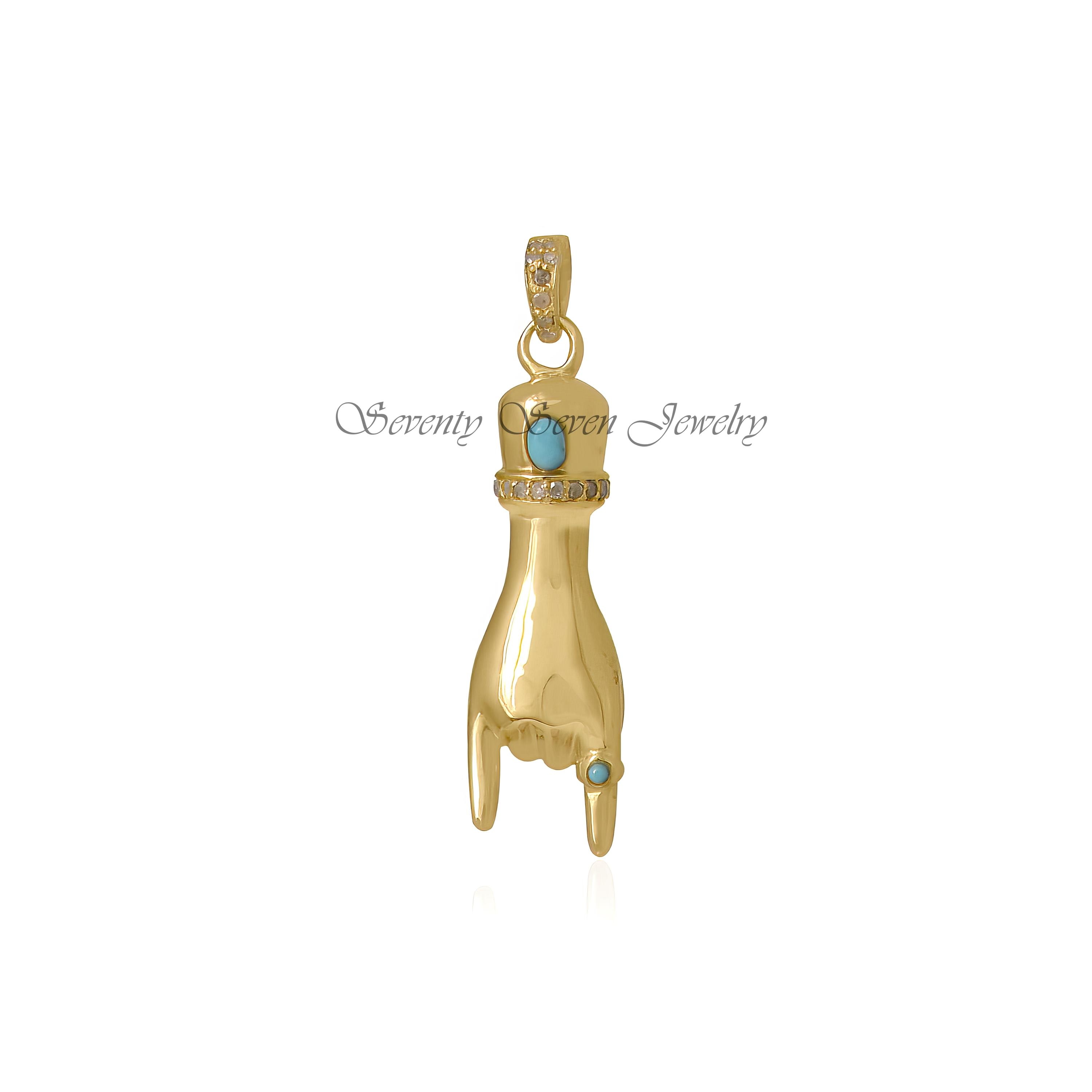 Sterling Silver Turquoise Figa Pendant: Mano Fico Charm - View 2 - Seventy Seven Jewelry | SKU: SSMJP17-SLYGDIBS-2026 Sterling Silver Turquoise Figa Pendant: Mano Fico Charm - View 2 - Seventy Seven Jewelry | SKU: SSMJP17-SLYGDIBS-2026