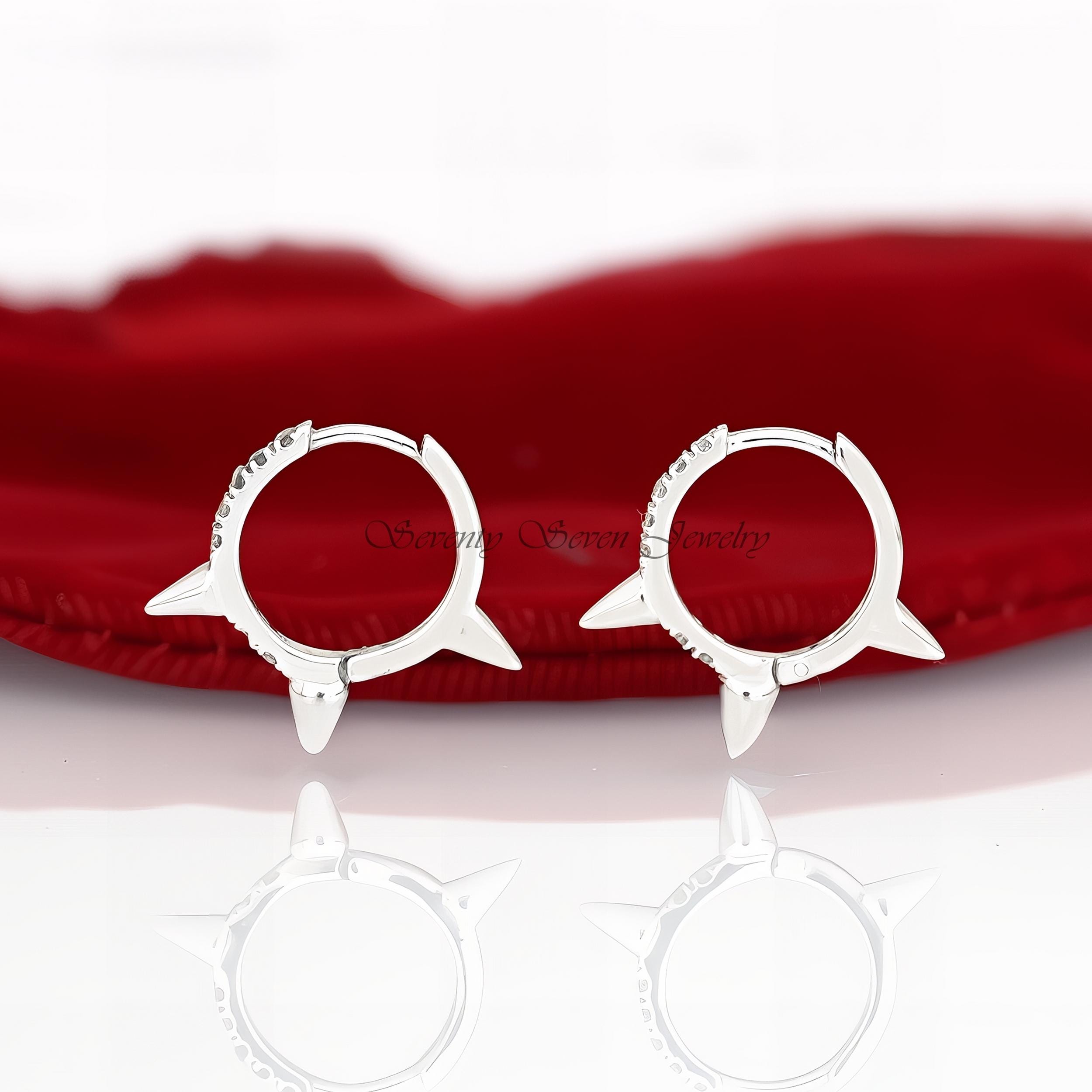 Gold Spike Hoop Earrings: CZ Diamond Huggies, 14K Hoops - Seventy Seven Jewelry | SKU: SSMJE974-SLNSMN-12M-2026 Gold Spike Hoop Earrings: CZ Diamond Huggies, 14K Hoops - Seventy Seven Jewelry | SKU: SSMJE974-SLNSMN-12M-2026