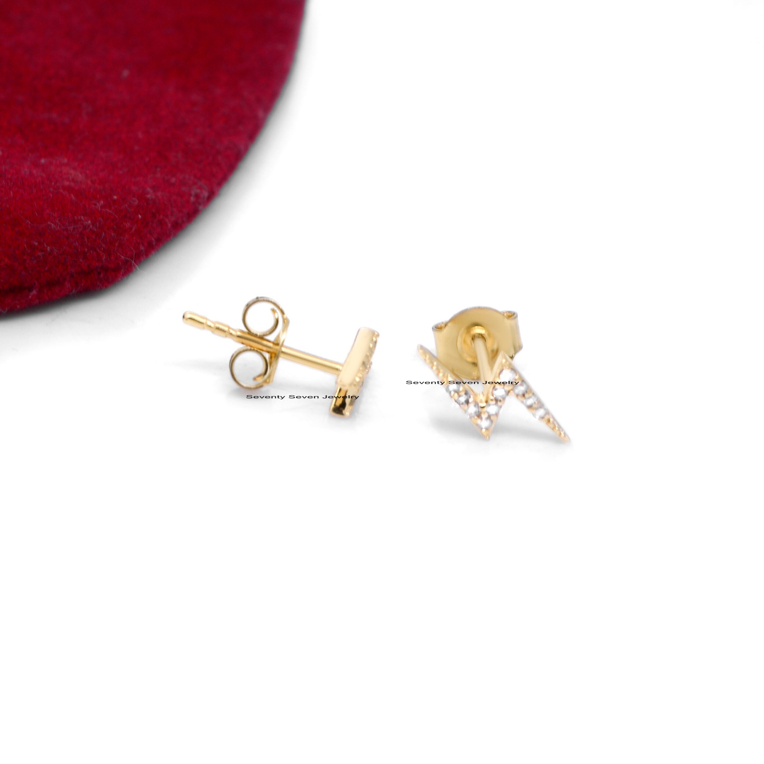 Diamond Thunder Bolt Studs: Sterling Silver Zig-Zag Earrings - View 6 - Seventy Seven Jewelry | SKU: SSMJE379-SLYGDI-2026 Diamond Thunder Bolt Studs: Sterling Silver Zig-Zag Earrings - View 6 - Seventy Seven Jewelry | SKU: SSMJE379-SLYGDI-2026