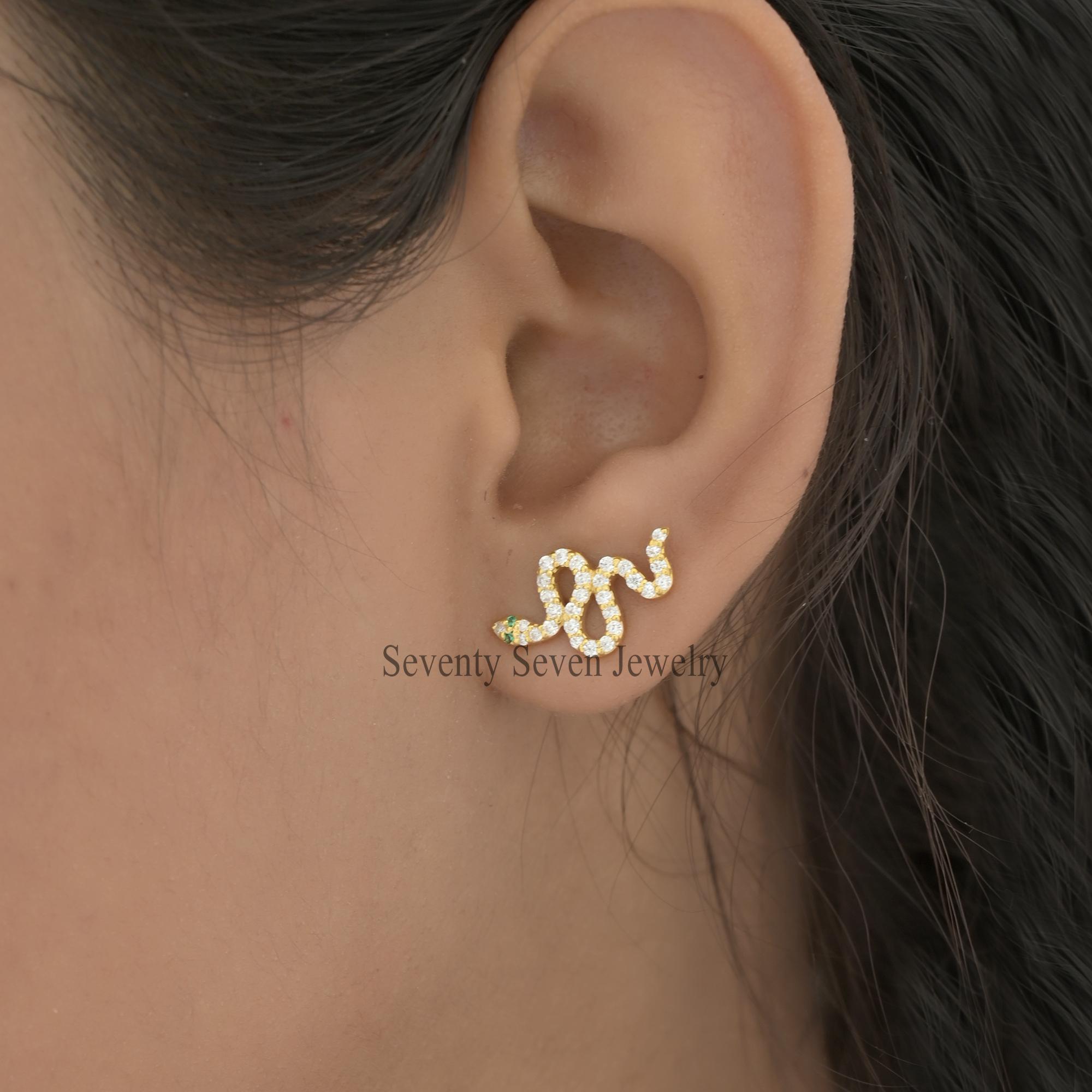 14k Gold Diamond Snake Studs: Dainty Serpent Earrings - View 2 - Seventy Seven Jewelry | SKU: SSMJE341-14KYGDIRU-2026 14k Gold Diamond Snake Studs: Dainty Serpent Earrings - View 2 - Seventy Seven Jewelry | SKU: SSMJE341-14KYGDIRU-2026