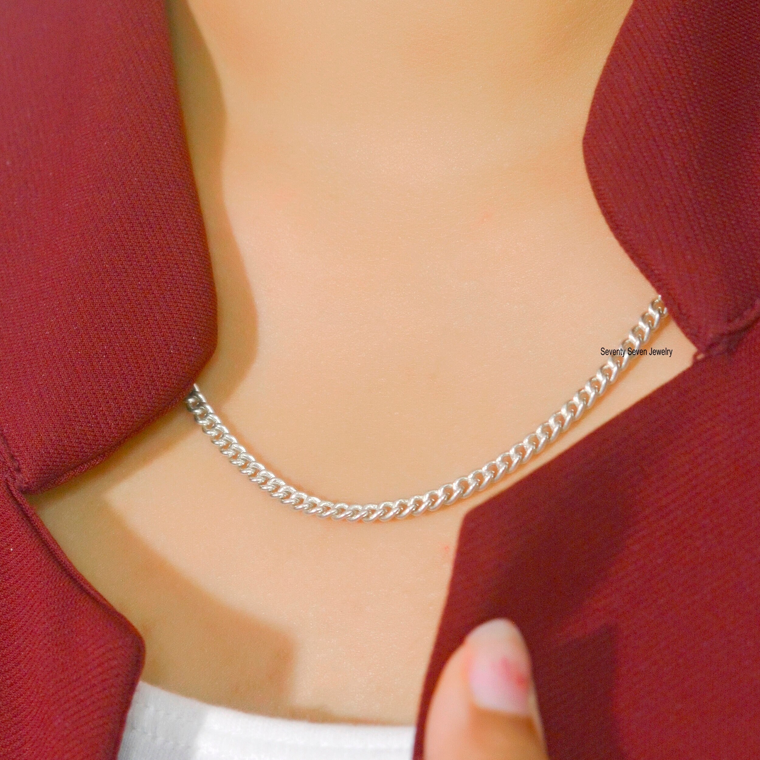 Sterling Silver Curb Chain Necklace: 4.5mm Cuban Link Choker - View 2 - Seventy Seven Jewelry | SKU: SSG17-SLYG-5M-18I-V Sterling Silver Curb Chain Necklace: 4.5mm Cuban Link Choker - View 2 - Seventy Seven Jewelry | SKU: SSG17-SLYG-5M-18I-V