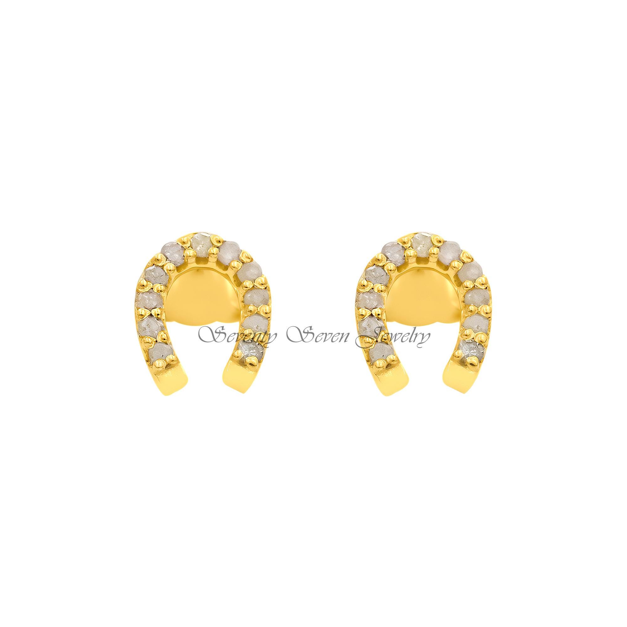 14k Gold Diamond Horseshoe Studs: Lucky Earrings, 10MM - View 5 - Seventy Seven Jewelry | SKU: SSMJE1797-14KYGDI-10M-2026 14k Gold Diamond Horseshoe Studs: Lucky Earrings, 10MM - View 5 - Seventy Seven Jewelry | SKU: SSMJE1797-14KYGDI-10M-2026