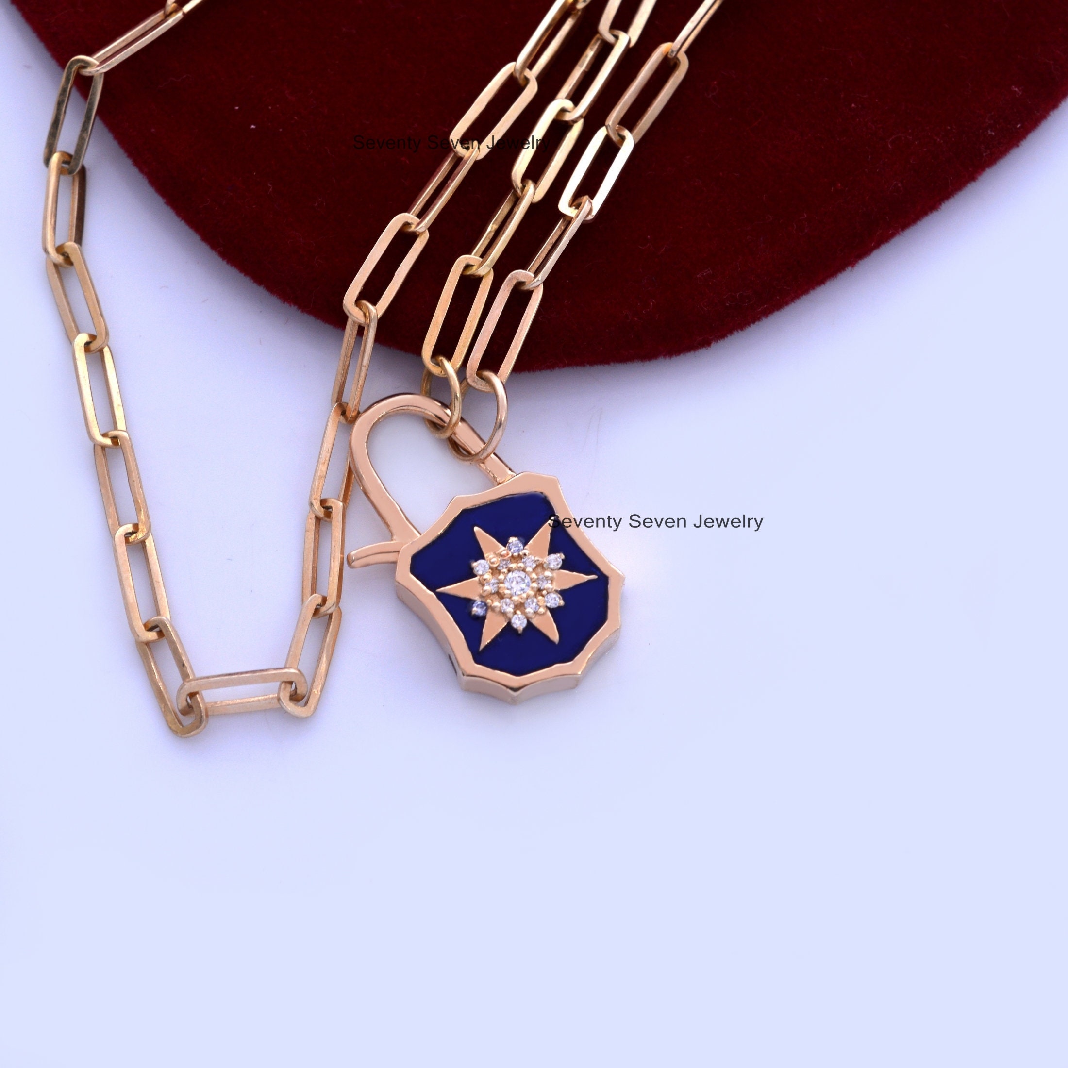 925 Silver Enamel Starburst Padlock Necklace: Handmade Designer Jewelry - View 3 - Seventy Seven Jewelry | SKU: SSMJP499-SLYG 925 Silver Enamel Starburst Padlock Necklace: Handmade Designer Jewelry - View 3 - Seventy Seven Jewelry | SKU: SSMJP499-SLYG