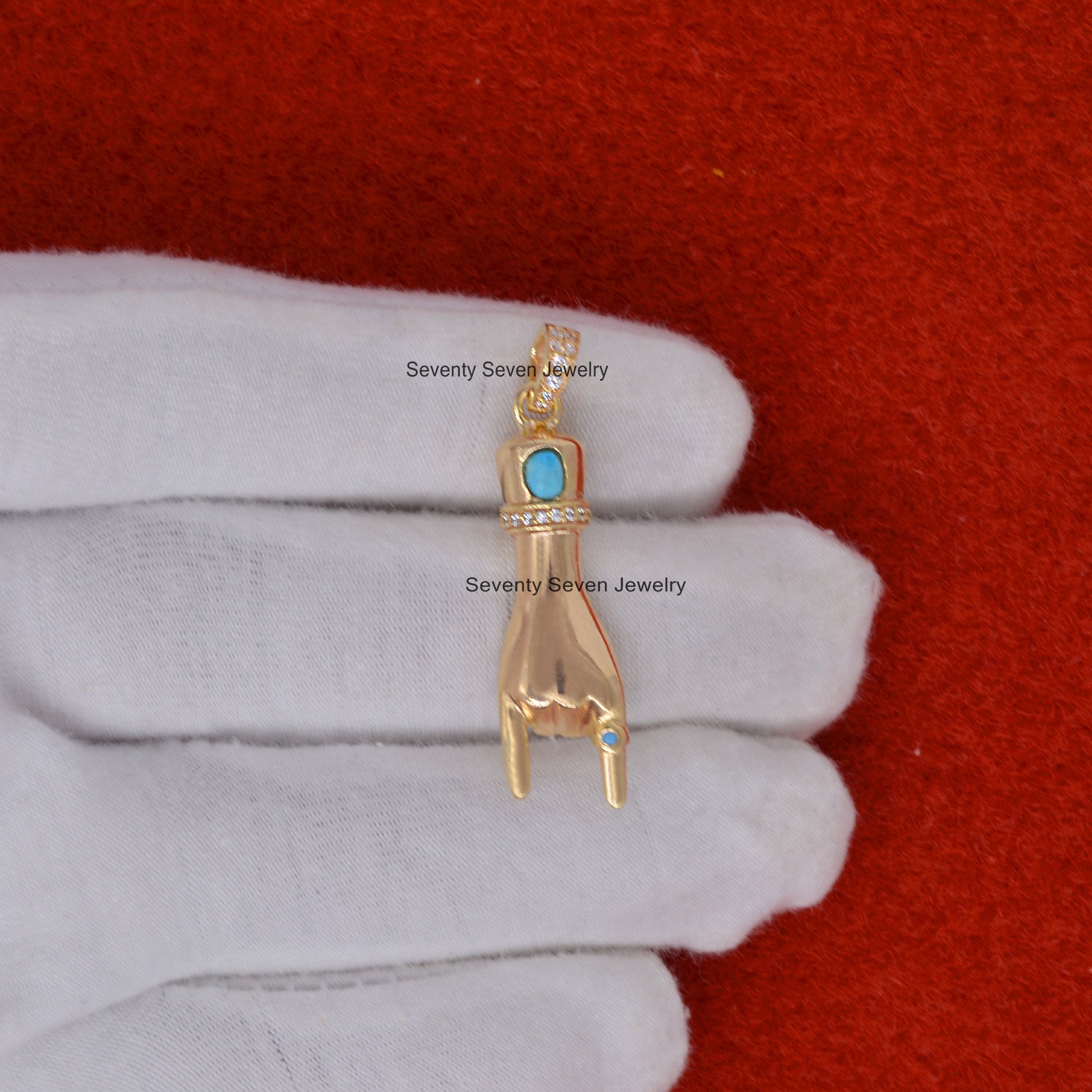 Sterling Silver Turquoise Figa Pendant: Mano Fico Charm - View 6 - Seventy Seven Jewelry | SKU: SSMJP17-SLYGDIBS-2026 Sterling Silver Turquoise Figa Pendant: Mano Fico Charm - View 6 - Seventy Seven Jewelry | SKU: SSMJP17-SLYGDIBS-2026