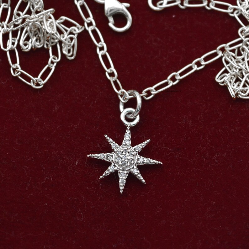 925 Silber Diamant Starburst Anhänger, Starburst Anhänger Halskette, Diamant-Stern-Anhänger, Pave Starburst Halskette, Weihnachtsschmuck Bild 3