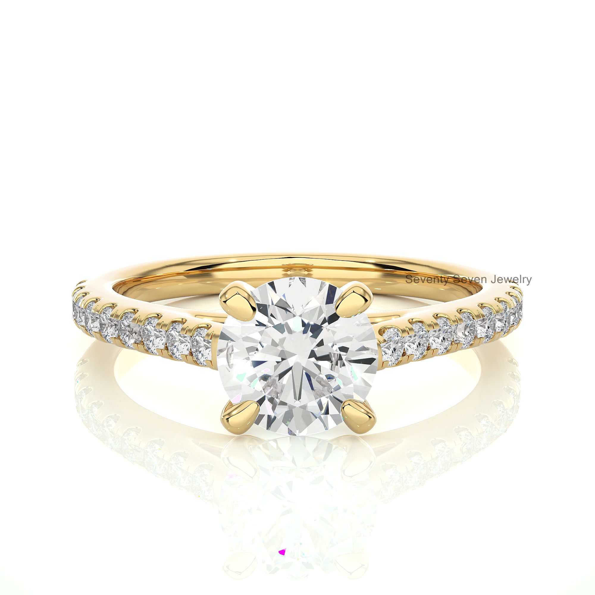 14K Gold Moissanite Diamond Ring: Delicate Side-Stone Proposal Band - View 4 - Seventy Seven Jewelry | SKU: MJR1927-14KYGMN-2 14K Gold Moissanite Diamond Ring: Delicate Side-Stone Proposal Band - View 4 - Seventy Seven Jewelry | SKU: MJR1927-14KYGMN-2