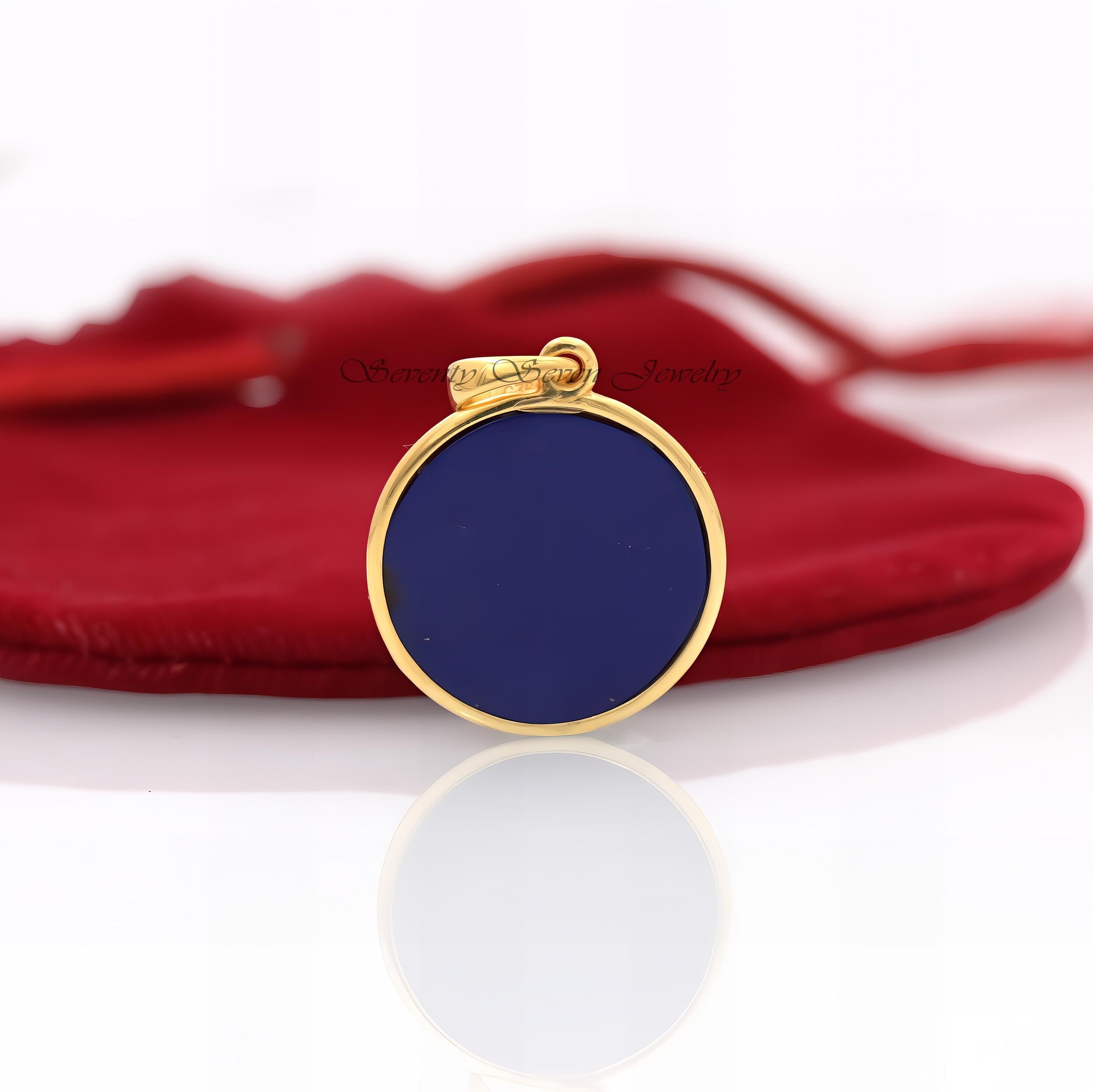 Gold Plated Lapis Lazuli Pendant: Sterling Silver Round Disc Charm - View 3 - Seventy Seven Jewelry | SKU: SSMJP4446-SLYGLPZ- Gold Plated Lapis Lazuli Pendant: Sterling Silver Round Disc Charm - View 3 - Seventy Seven Jewelry | SKU: SSMJP4446-SLYGLPZ-