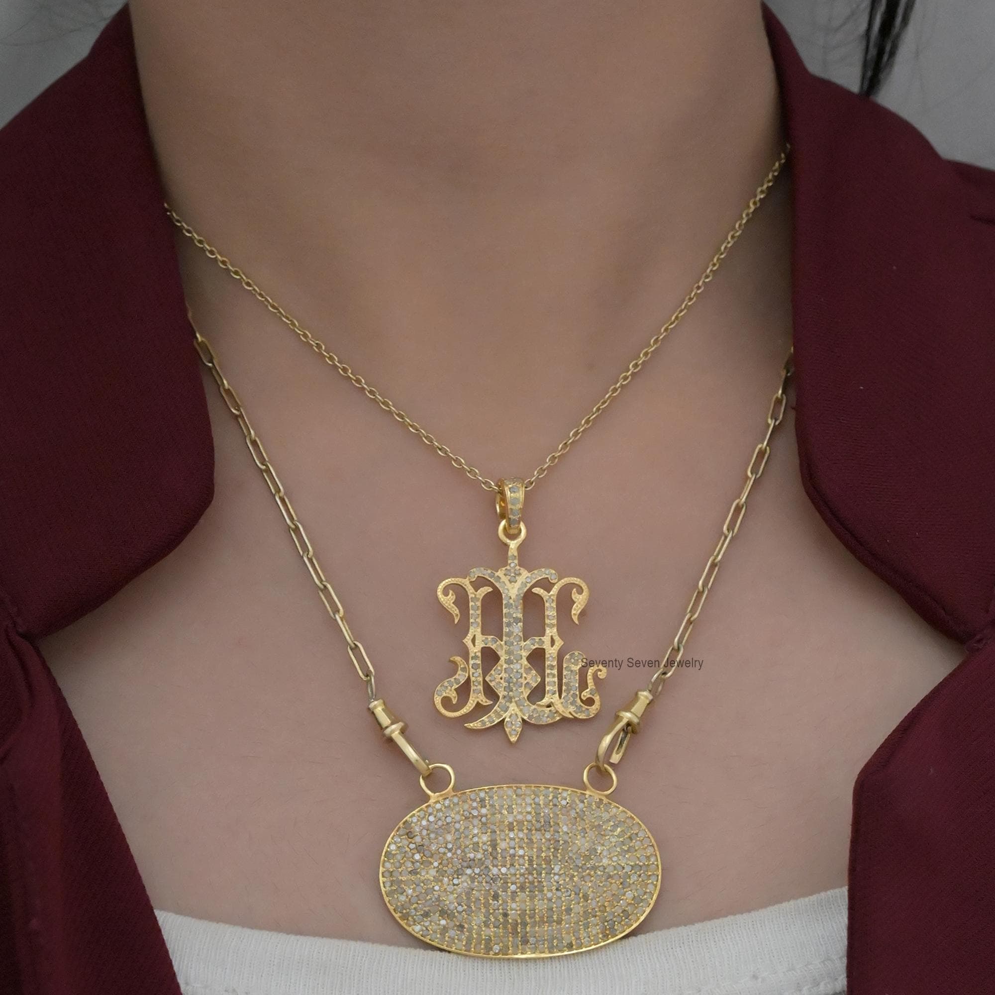 925 Silver Pave Diamond Pendant: Oval or Bar Connector - View 2 - Seventy Seven Jewelry | SKU: SSMJP560-SLYGDI-2026 925 Silver Pave Diamond Pendant: Oval or Bar Connector - View 2 - Seventy Seven Jewelry | SKU: SSMJP560-SLYGDI-2026