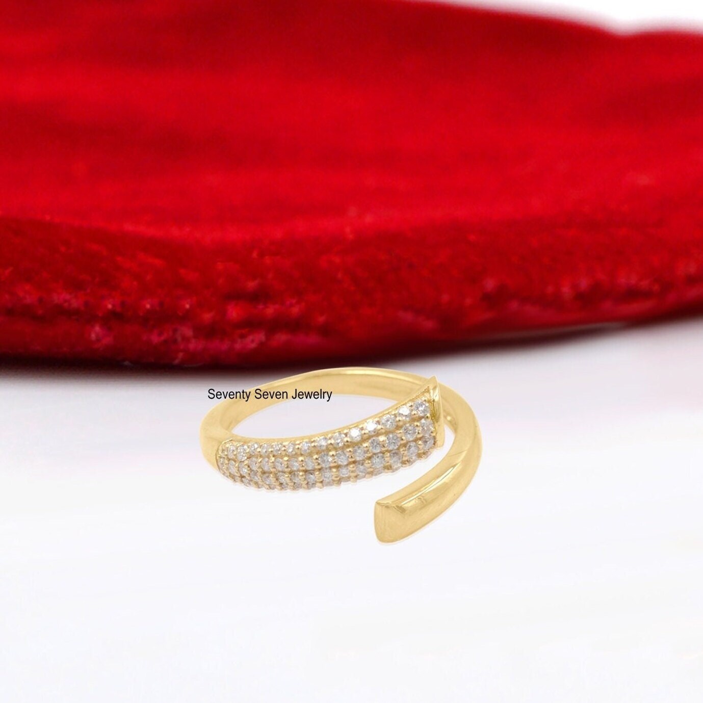 925 Silver Moissanite Cuff Ring: Criss Cross Band - View 3 - Seventy Seven Jewelry | SKU: SSMJR1002-SLYG-2026 925 Silver Moissanite Cuff Ring: Criss Cross Band - View 3 - Seventy Seven Jewelry | SKU: SSMJR1002-SLYG-2026