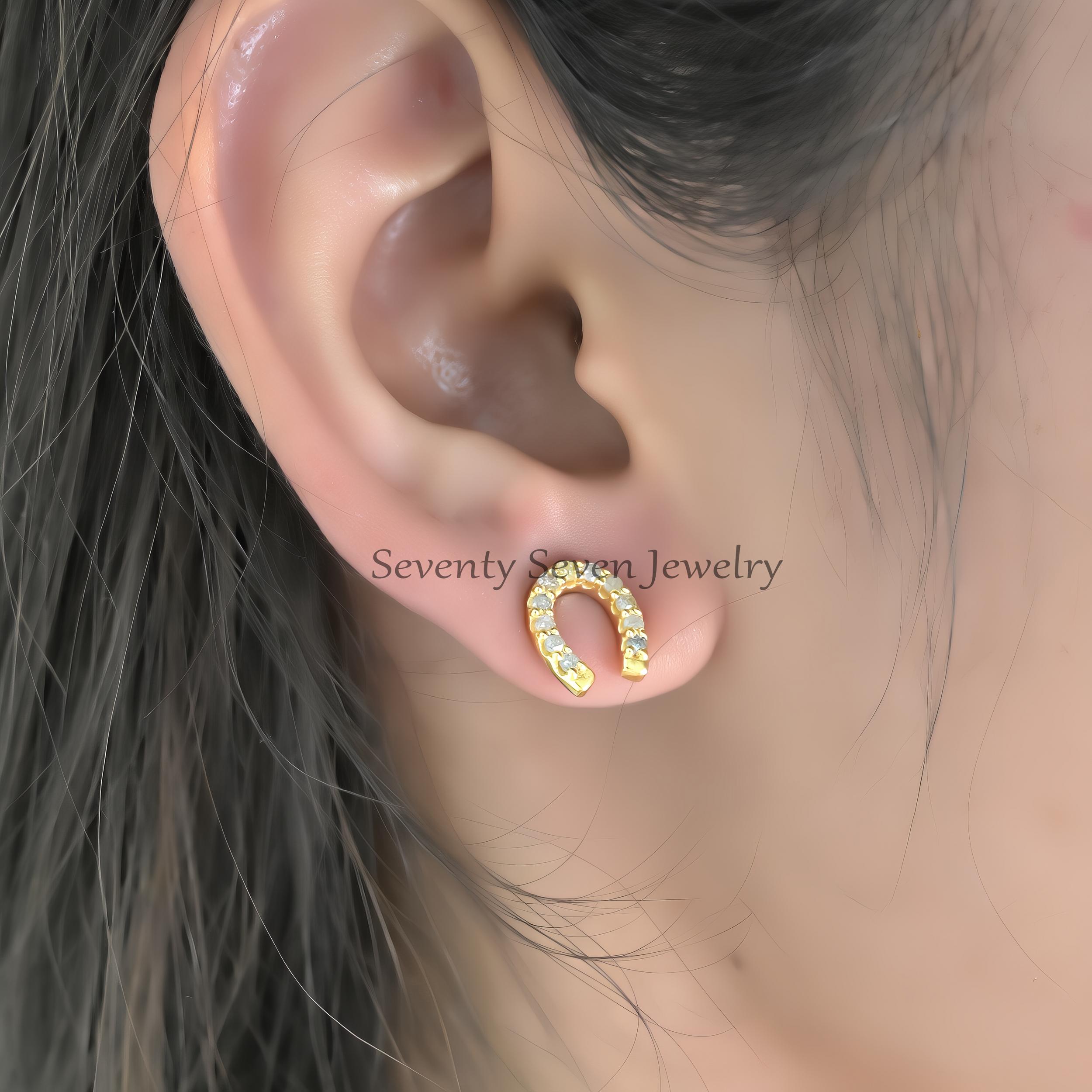 14k Gold Diamond Horseshoe Studs: Lucky Earrings, 10MM - View 2 - Seventy Seven Jewelry | SKU: SSMJE1797-14KYGDI-10M-2026 14k Gold Diamond Horseshoe Studs: Lucky Earrings, 10MM - View 2 - Seventy Seven Jewelry | SKU: SSMJE1797-14KYGDI-10M-2026
