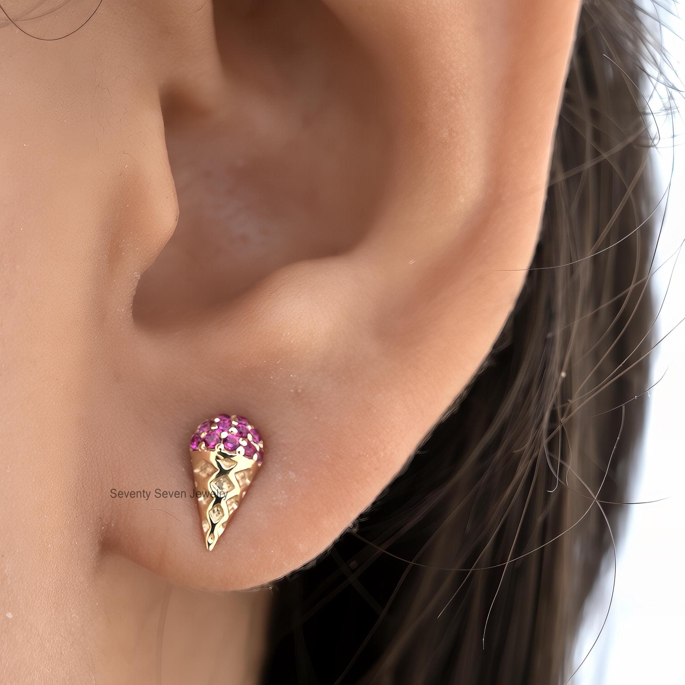 14k Gold Ruby Ice Cream Cone Stud Earrings: Minimalist Gemstone Jewelry - View 2 - Seventy Seven Jewelry | SKU: SSMJE896-14KY 14k Gold Ruby Ice Cream Cone Stud Earrings: Minimalist Gemstone Jewelry - View 2 - Seventy Seven Jewelry | SKU: SSMJE896-14KY