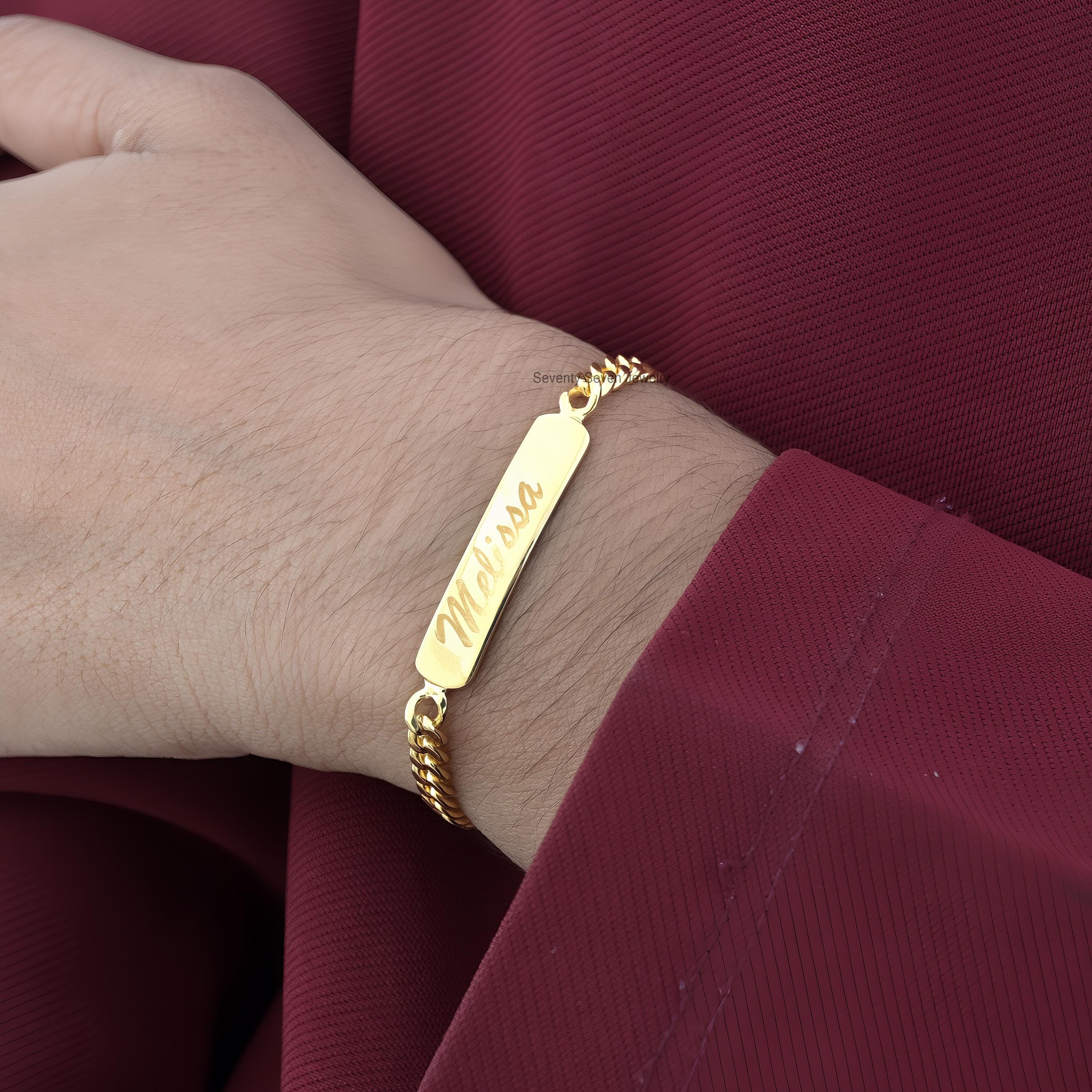 14K Gold Plated Name Bar Bracelet: Custom Engraved Curb Chain - View 2 - Seventy Seven Jewelry | SKU: SSMJA721-SLYG-8I 14K Gold Plated Name Bar Bracelet: Custom Engraved Curb Chain - View 2 - Seventy Seven Jewelry | SKU: SSMJA721-SLYG-8I