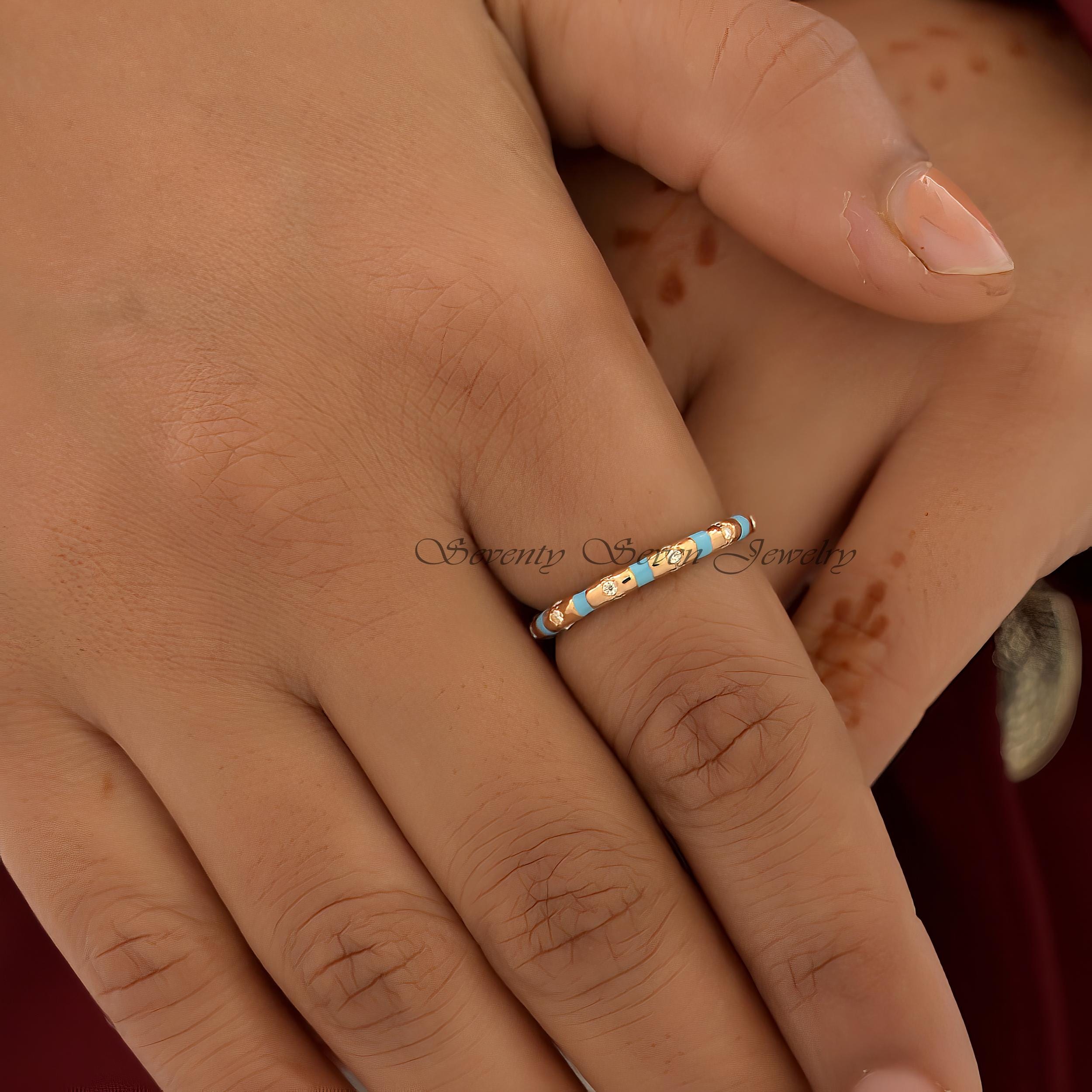 Sterling Silver Moissanite Enamel Band Ring, Colorful Stackable Wedding Jewelry - View 5 - Seventy Seven Jewelry | SKU: SSMJR Sterling Silver Moissanite Enamel Band Ring, Colorful Stackable Wedding Jewelry - View 5 - Seventy Seven Jewelry | SKU: SSMJR
