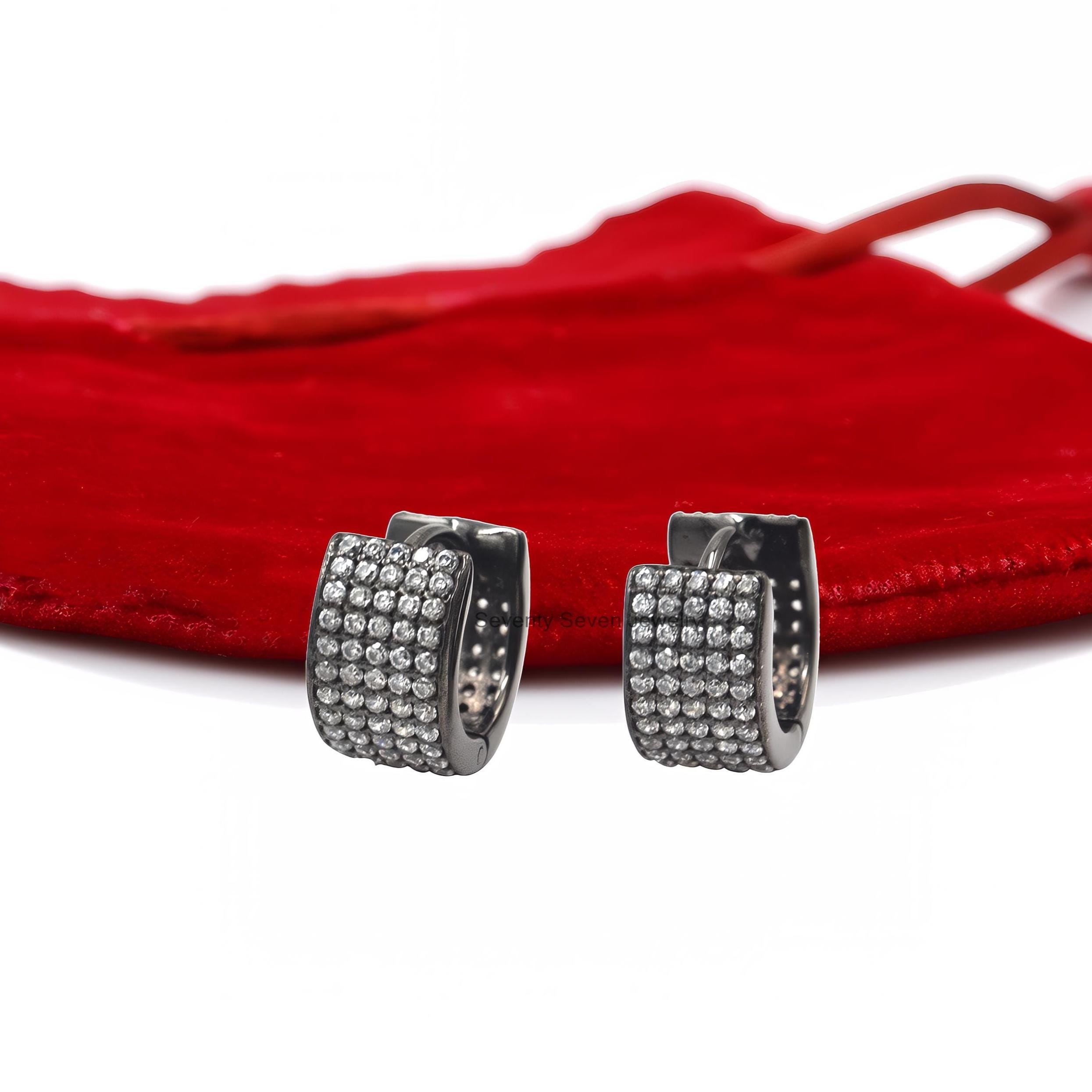 925 Silver Diamond Hoop Earrings: Wide CZ Huggies - View 5 - Seventy Seven Jewelry | SKU: SSMJE958-SLYGDI-2026 925 Silver Diamond Hoop Earrings: Wide CZ Huggies - View 5 - Seventy Seven Jewelry | SKU: SSMJE958-SLYGDI-2026