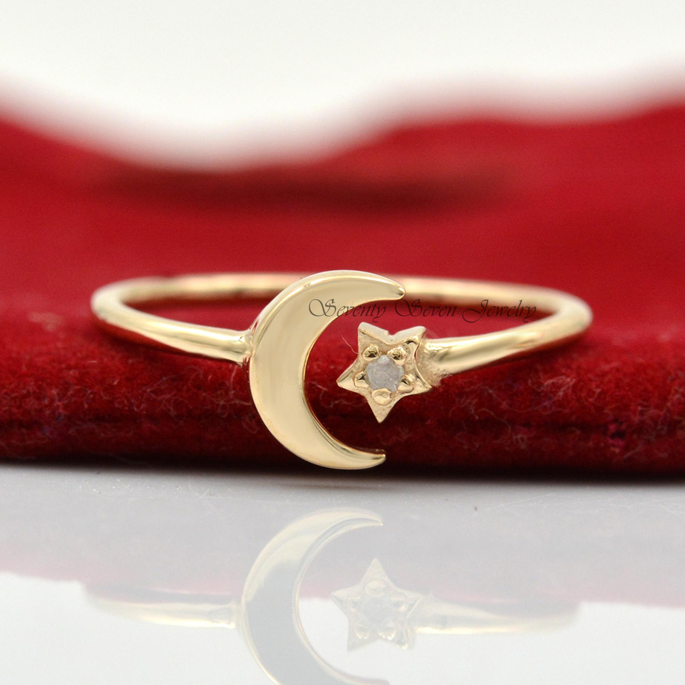 14k Gold Diamond Moon and Star Ring: Adjustable Celestial Jewelry - View 3 - Seventy Seven Jewelry | SKU: SSMJR628-14KYGDI-20 14k Gold Diamond Moon and Star Ring: Adjustable Celestial Jewelry - View 3 - Seventy Seven Jewelry | SKU: SSMJR628-14KYGDI-20
