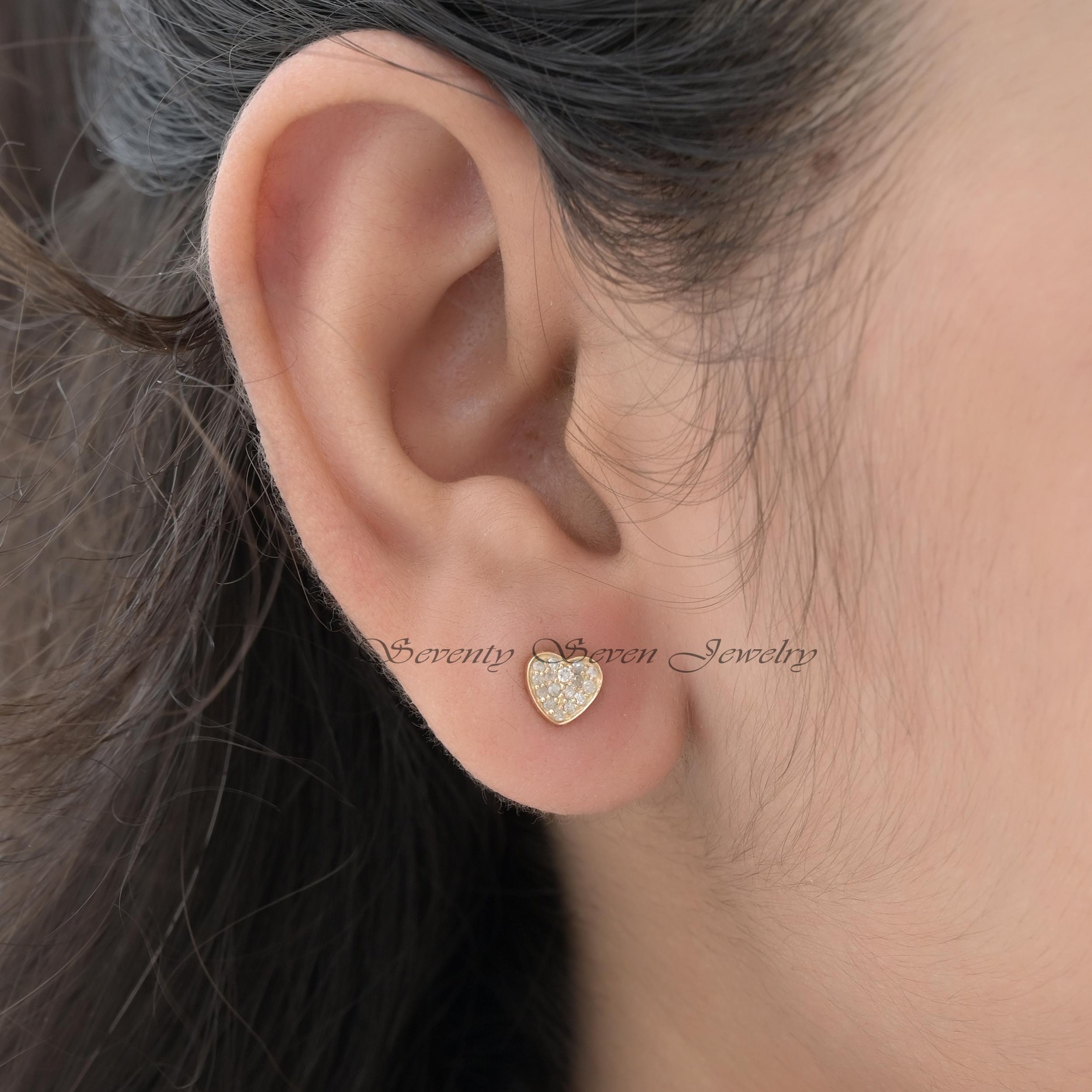 14K Gold Diamond Heart Studs: Minimalist Gemstone Earrings (6MM) - View 2 - Seventy Seven Jewelry | SKU: SSMJE307-14KYGDI-202 14K Gold Diamond Heart Studs: Minimalist Gemstone Earrings (6MM) - View 2 - Seventy Seven Jewelry | SKU: SSMJE307-14KYGDI-202