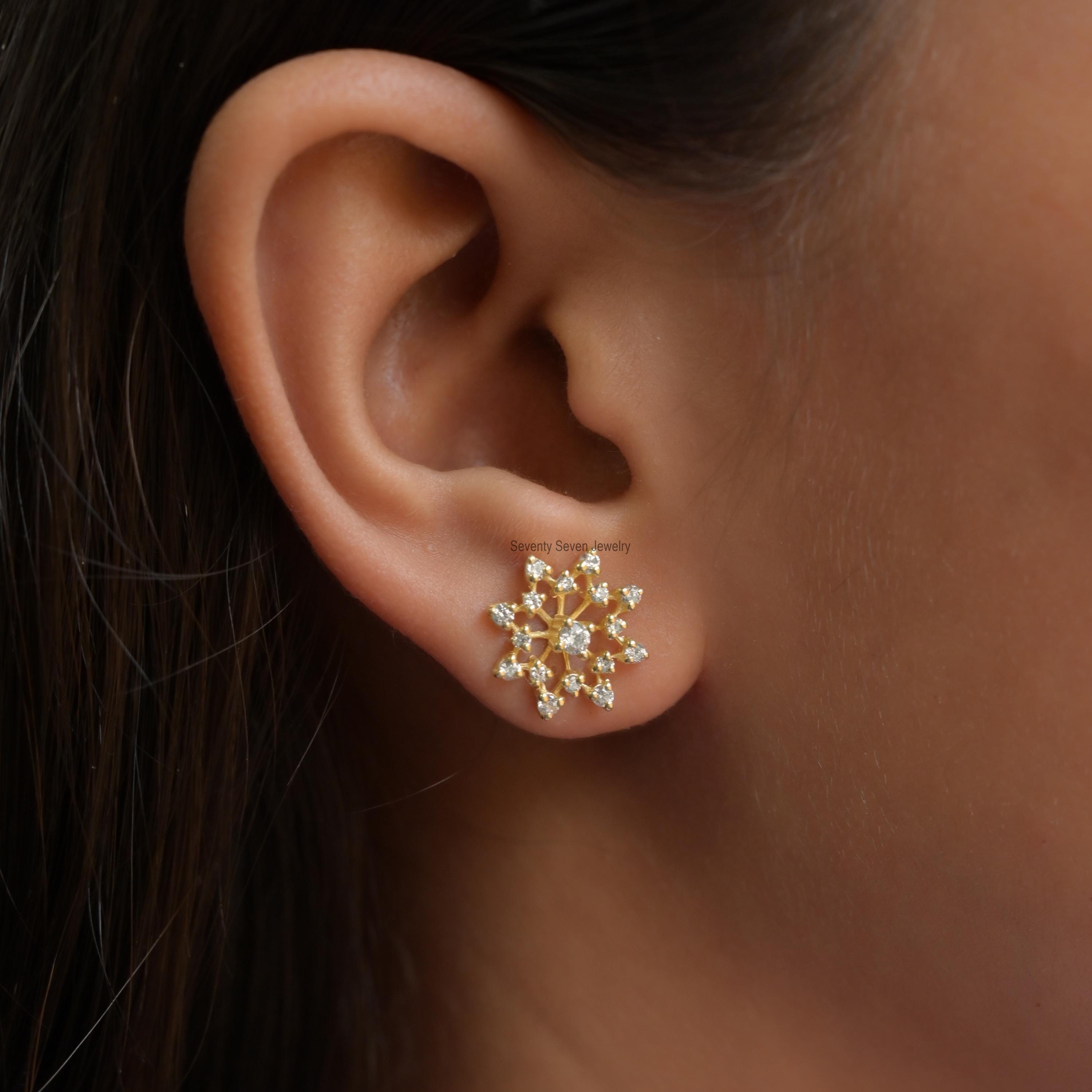 14K Gold Snowflake Lab Diamond Stud Earrings, 10MM - View 4 - Seventy Seven Jewelry | SKU: SSMJE1078- 14K Gold Snowflake Lab Diamond Stud Earrings, 10MM - View 4 - Seventy Seven Jewelry | SKU: SSMJE1078-