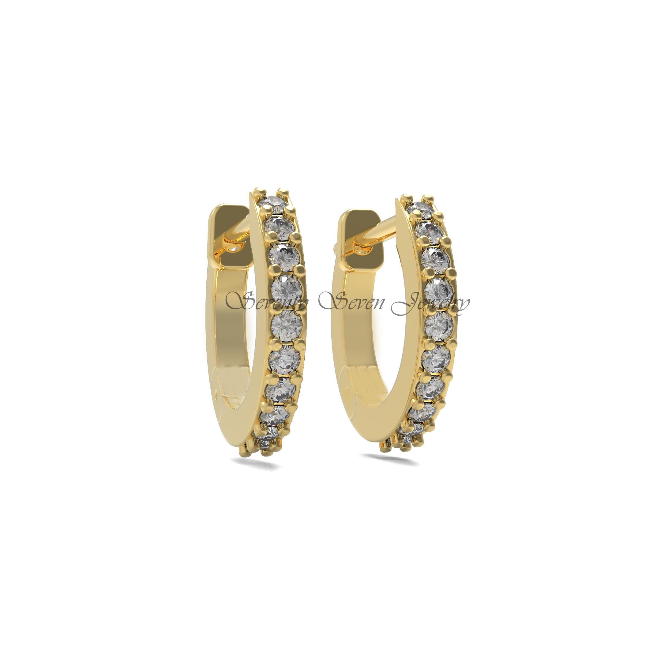 14K Gold Huggie Hoop Earrings with Diamonds: Dainty Solid Huggies 10MM - View 5 - Seventy Seven Jewelry | SKU: SSMJE66- 14K Gold Huggie Hoop Earrings with Diamonds: Dainty Solid Huggies 10MM - View 5 - Seventy Seven Jewelry | SKU: SSMJE66-
