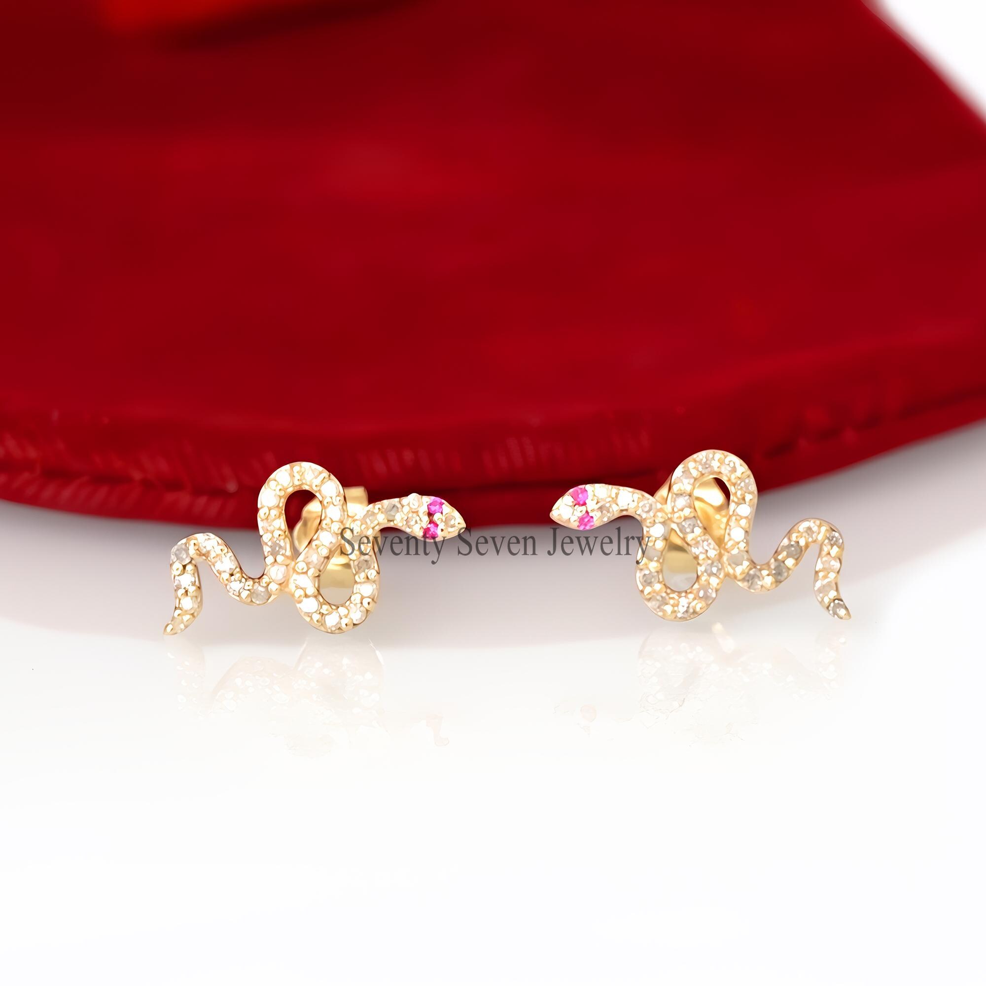 14k Gold Diamond Snake Studs: Dainty Serpent Earrings - View 3 - Seventy Seven Jewelry | SKU: SSMJE341-14KYGDIRU-2026 14k Gold Diamond Snake Studs: Dainty Serpent Earrings - View 3 - Seventy Seven Jewelry | SKU: SSMJE341-14KYGDIRU-2026