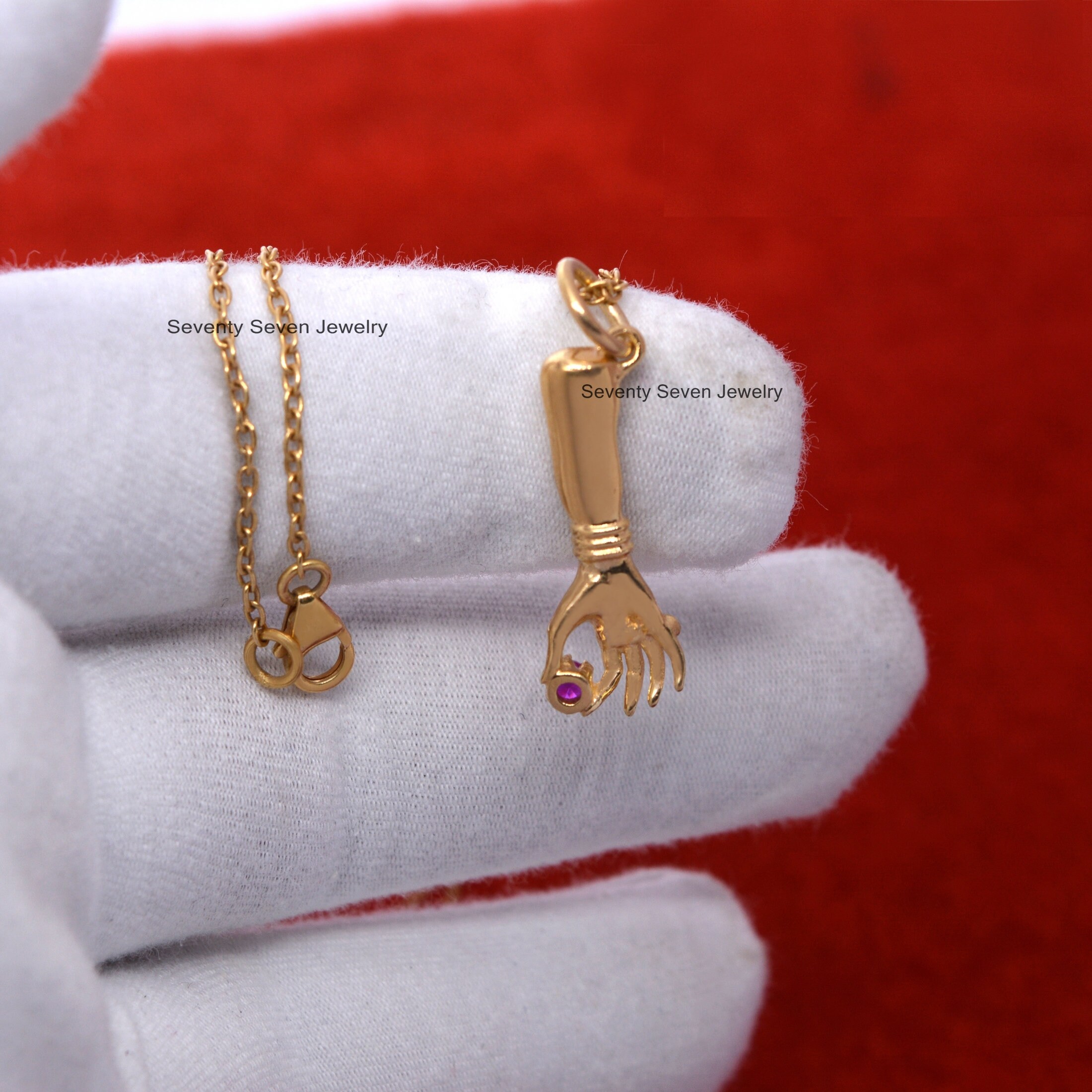 Sterling Silver Figa Hand Necklace: Ruby Gemstone Pendant - View 7 - Seventy Seven Jewelry | SKU: SSMJP517-N41-SLWGRU-2026 Sterling Silver Figa Hand Necklace: Ruby Gemstone Pendant - View 7 - Seventy Seven Jewelry | SKU: SSMJP517-N41-SLWGRU-2026