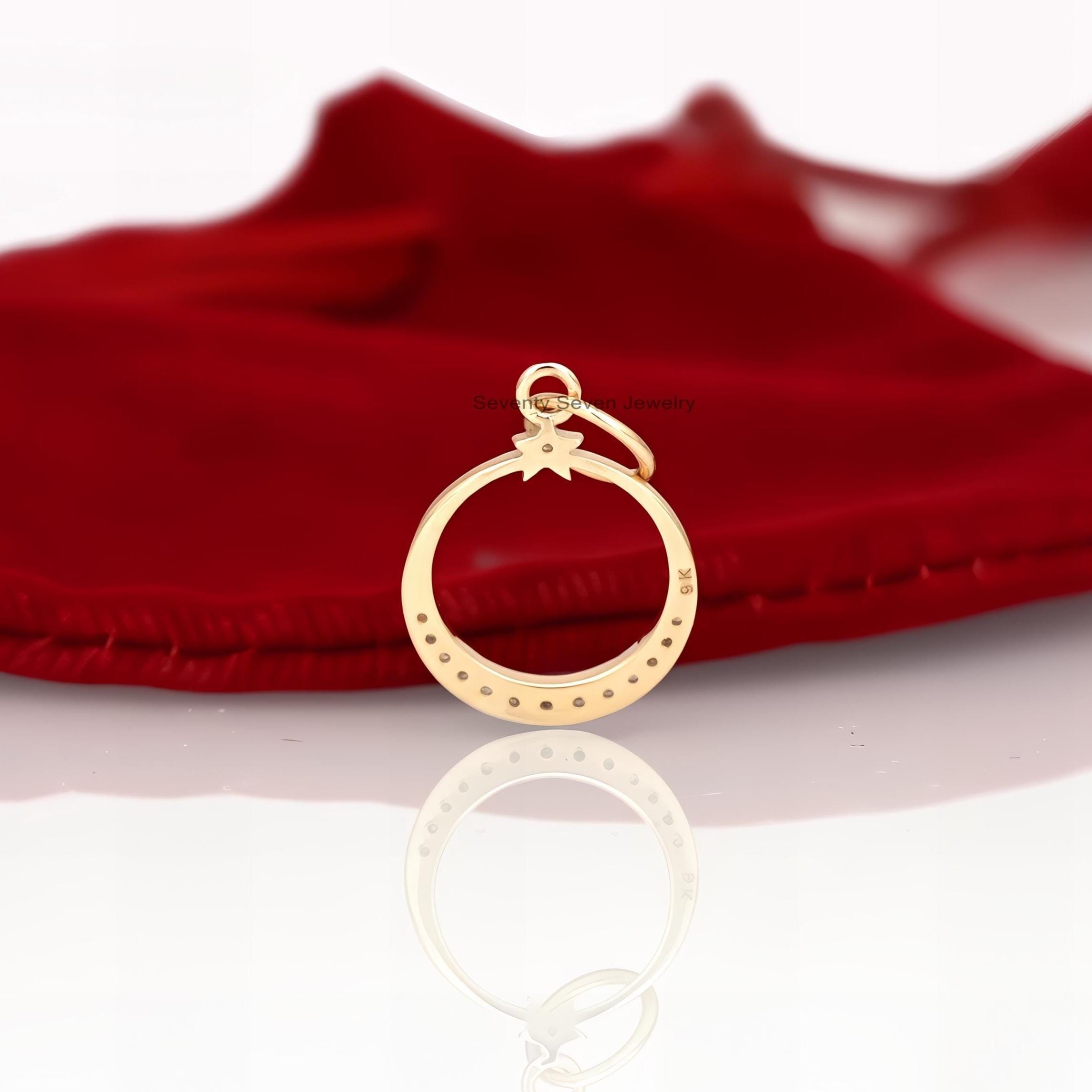 14K Gold Diamond Moon Star Pendant: Dainty Celestial Charm - View 2 - Seventy Seven Jewelry | SKU: SSMJP618-14KYGDI-2026 14K Gold Diamond Moon Star Pendant: Dainty Celestial Charm - View 2 - Seventy Seven Jewelry | SKU: SSMJP618-14KYGDI-2026