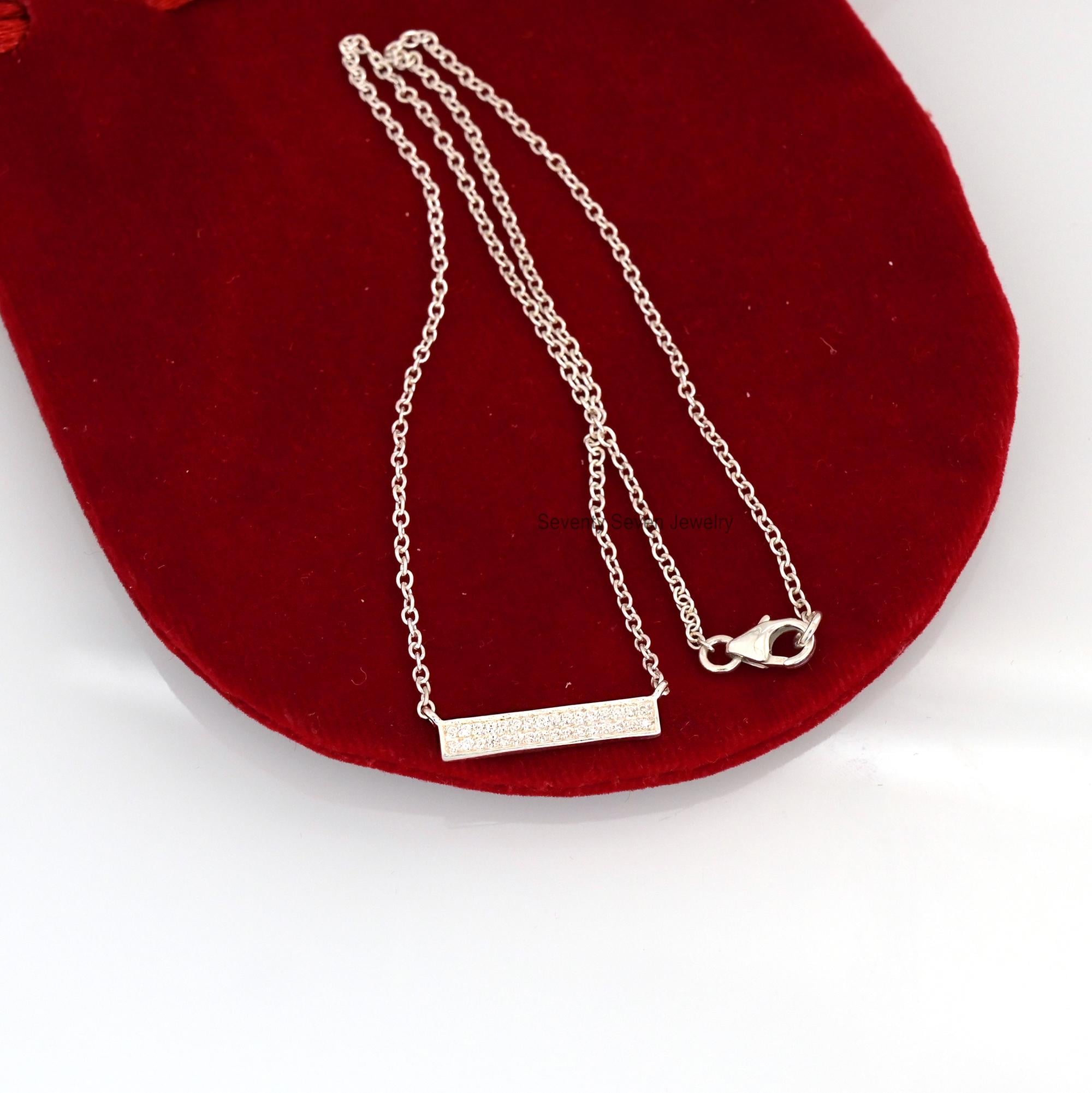 14K Gold Plated Moissanite Bar Necklace: Dainty Rectangle Charm - View 3 - Seventy Seven Jewelry | SKU: SSMJN1051-SLNSMN-14I 14K Gold Plated Moissanite Bar Necklace: Dainty Rectangle Charm - View 3 - Seventy Seven Jewelry | SKU: SSMJN1051-SLNSMN-14I