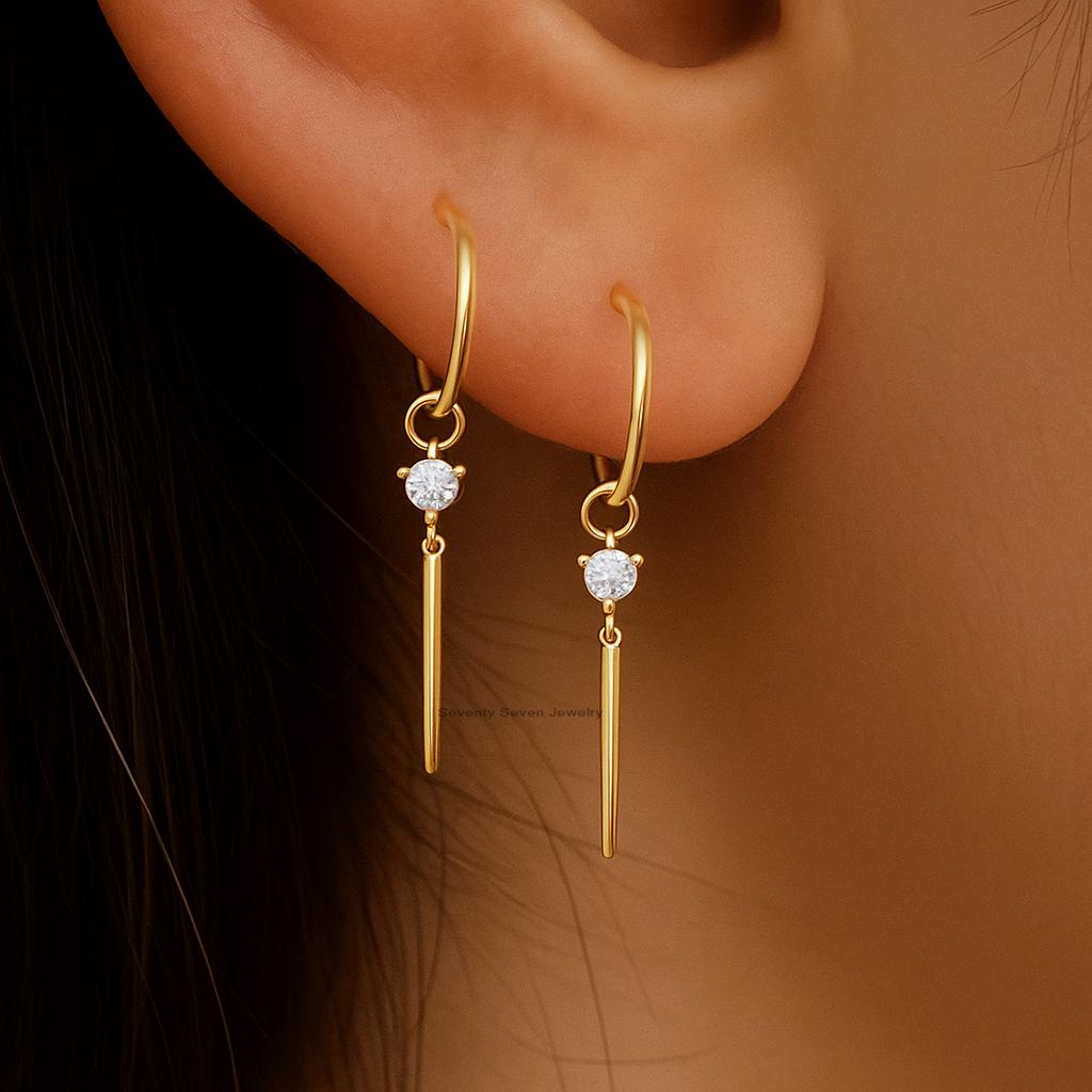 14K Gold Plated CZ Dangle Hoop Earrings, Sterling Silver - View 2 - Seventy Seven Jewelry | SKU: SSMJE 14K Gold Plated CZ Dangle Hoop Earrings, Sterling Silver - View 2 - Seventy Seven Jewelry | SKU: SSMJE