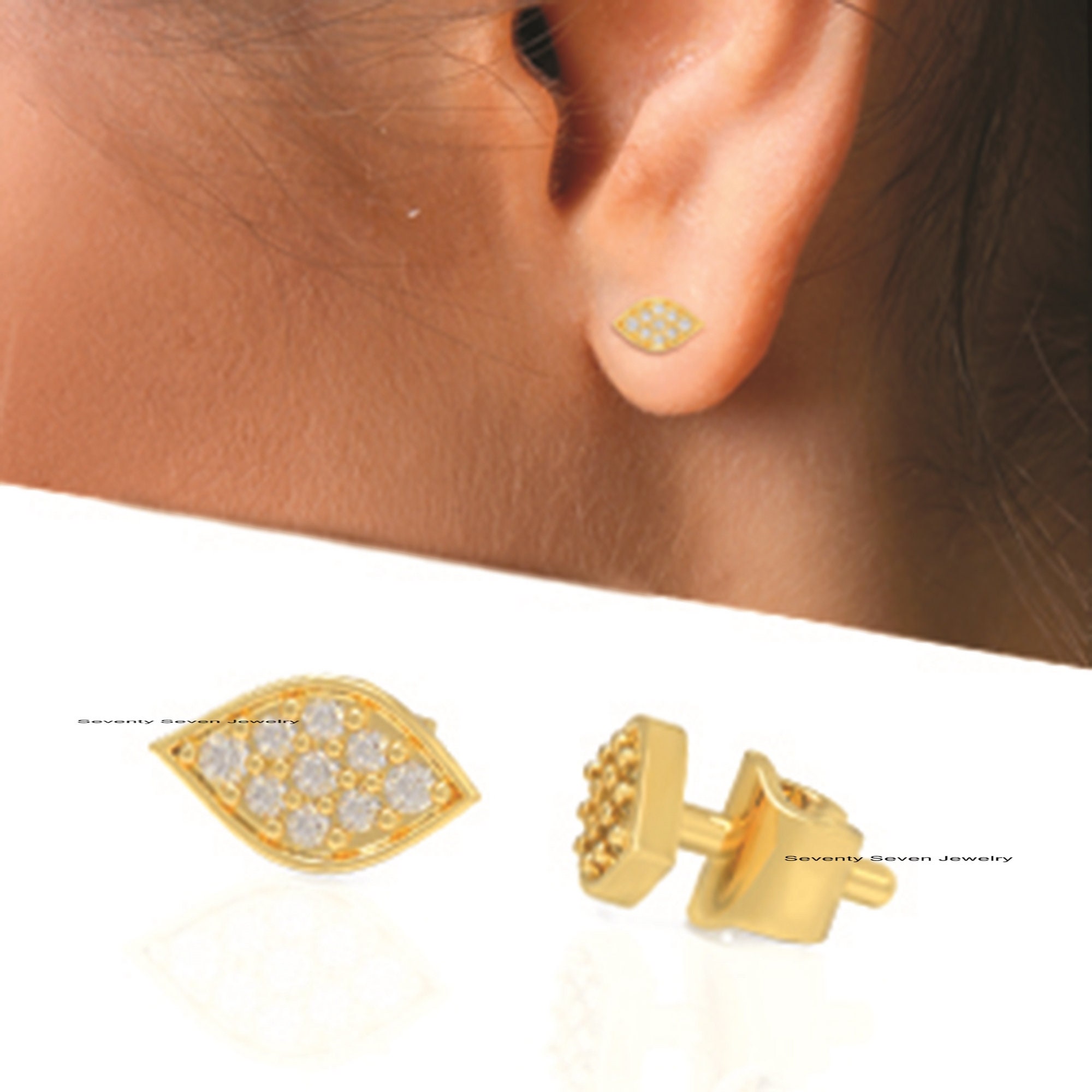 925 Silver Diamond Evil Eye Studs: Minimalist Protection Earrings - View 3 - Seventy Seven Jewelry | SKU: SSMJE388-SLYGDI 925 Silver Diamond Evil Eye Studs: Minimalist Protection Earrings - View 3 - Seventy Seven Jewelry | SKU: SSMJE388-SLYGDI