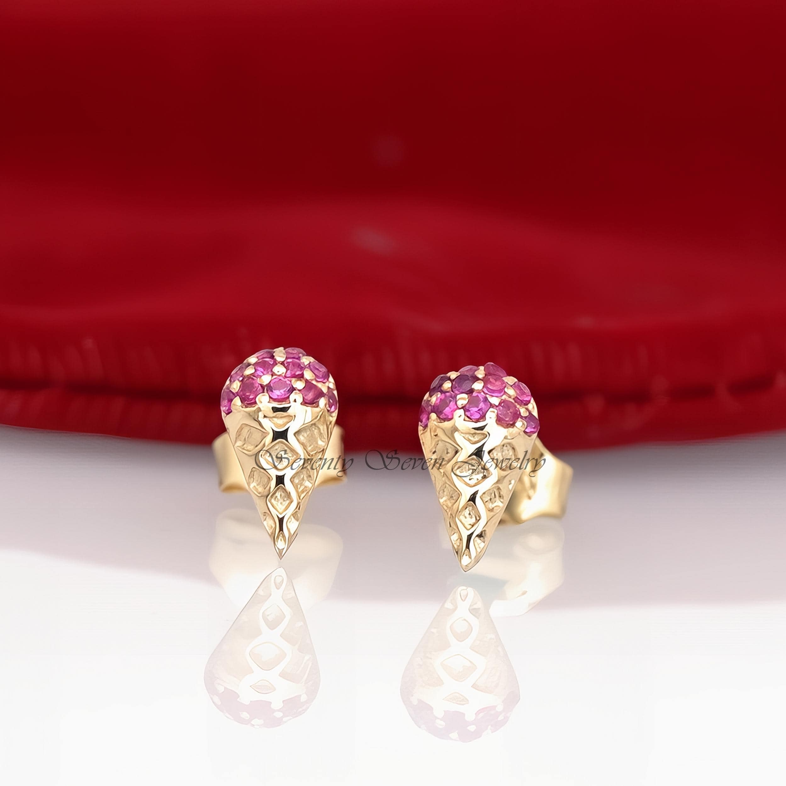 14k Gold Ruby Ice Cream Cone Stud Earrings: Minimalist Gemstone Jewelry - Seventy Seven Jewelry | SKU: SSMJE896-14KYGRU-2026 14k Gold Ruby Ice Cream Cone Stud Earrings: Minimalist Gemstone Jewelry - Seventy Seven Jewelry | SKU: SSMJE896-14KYGRU-2026