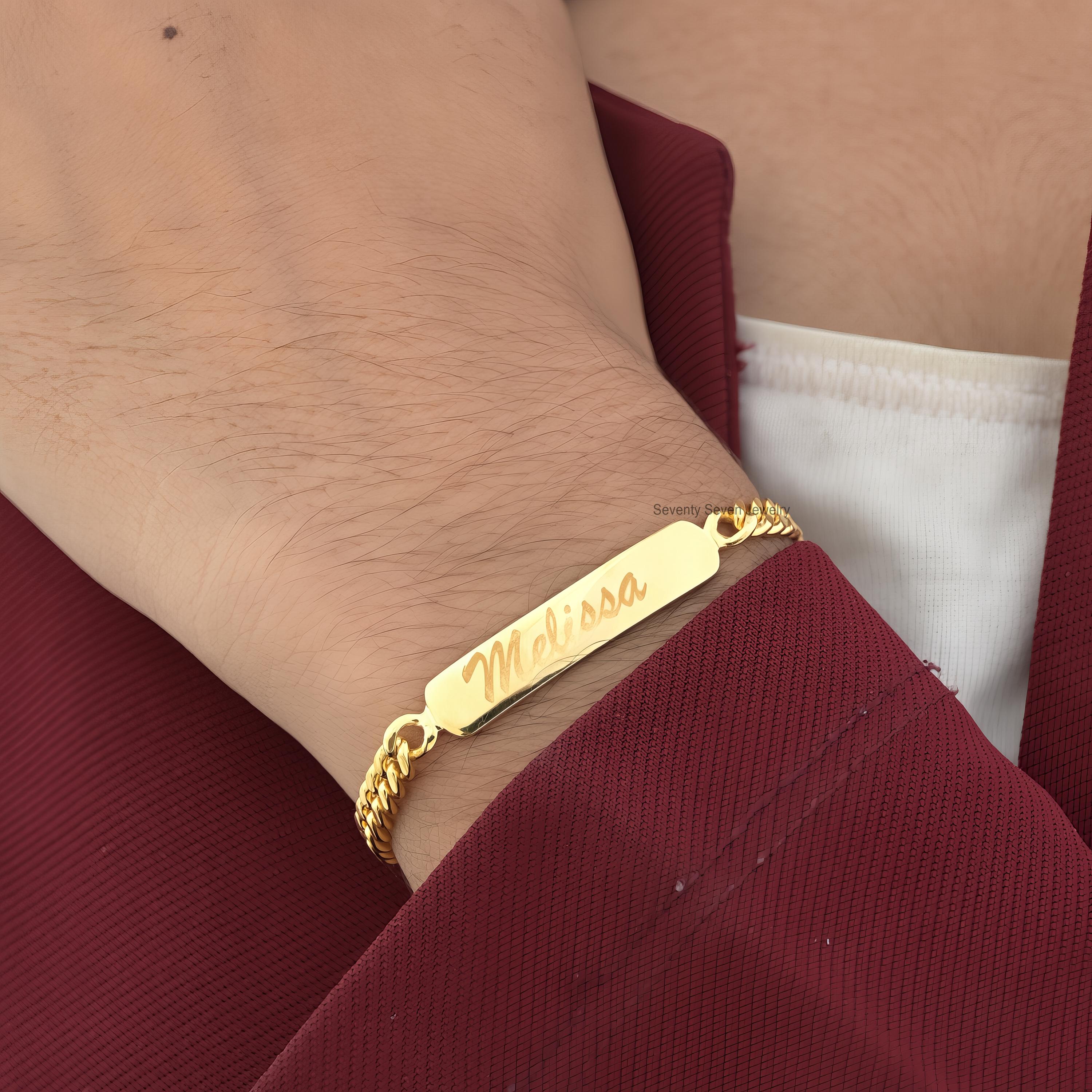 14K Gold Plated Name Bar Bracelet: Custom Engraved Curb Chain - Seventy Seven Jewelry | SKU: SSMJA721-SLYG-8I 14K Gold Plated Name Bar Bracelet: Custom Engraved Curb Chain - Seventy Seven Jewelry | SKU: SSMJA721-SLYG-8I