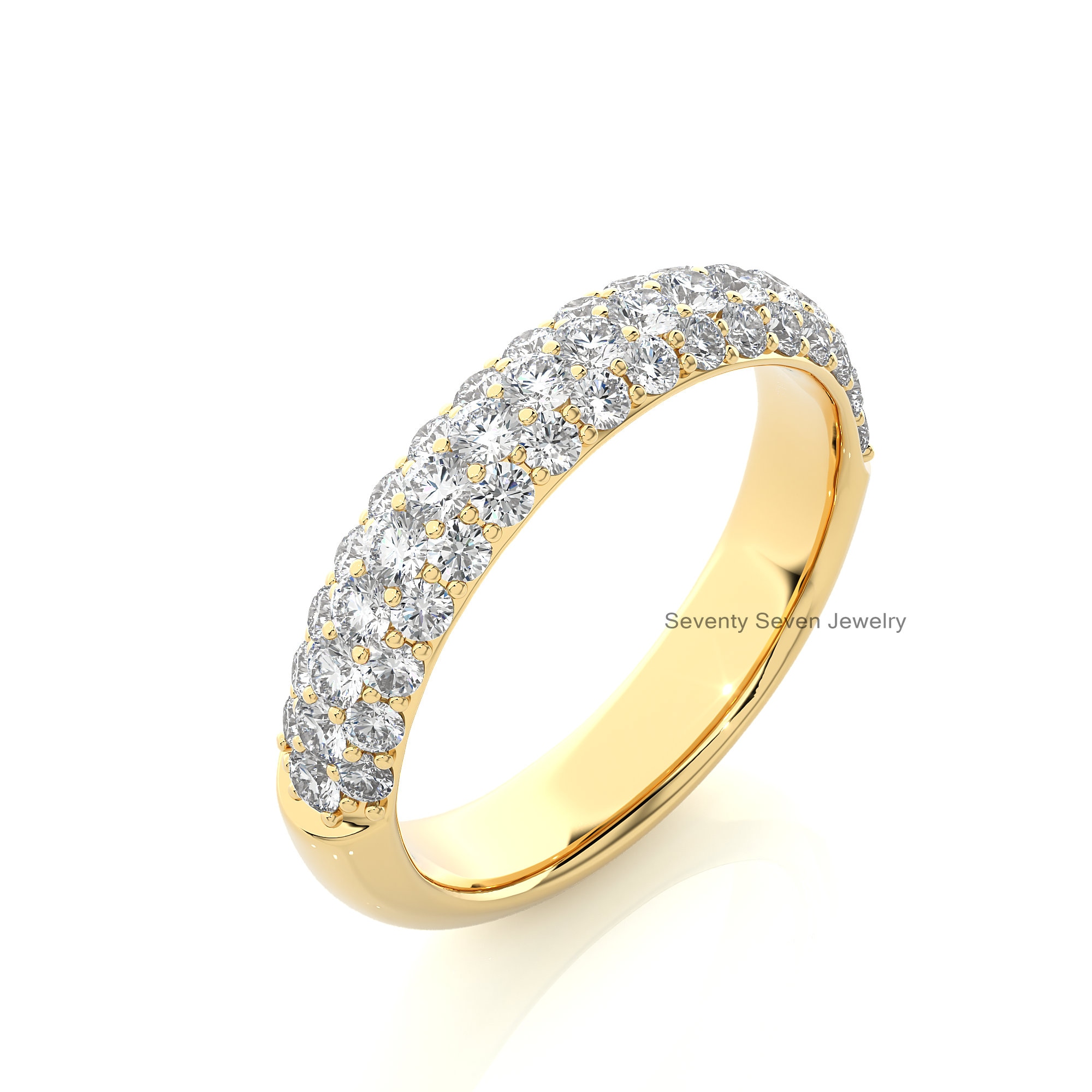 14K Gold Pave Moissanite Ring: Wide Three-Row Eternity Band - Seventy Seven Jewelry | SKU: MJR1912-14KYGMN-2026
