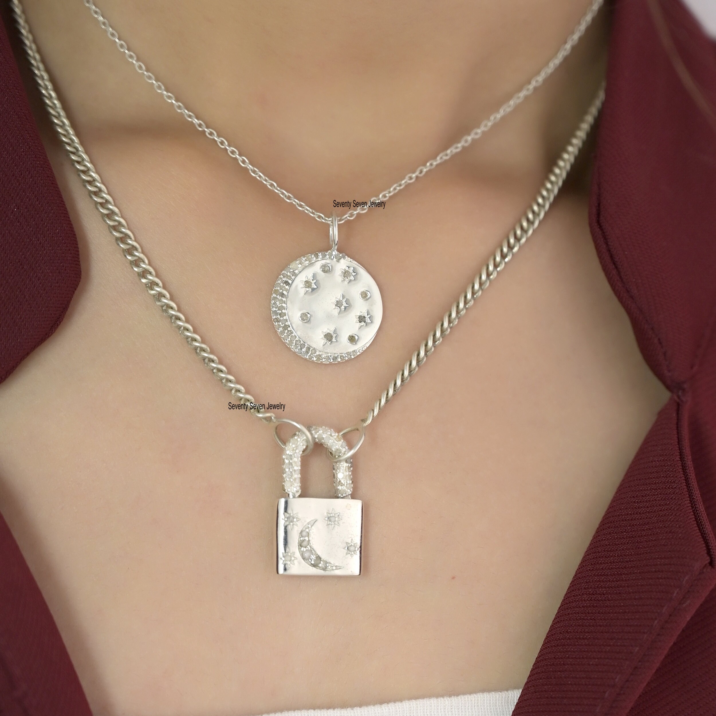 925 Silver Diamond Star Moon Padlock Pendant - View 2 - Seventy Seven Jewelry | SKU: SSMJP43-SLYGDI-2026,SSMJP43-SLYGCZ-VP 925 Silver Diamond Star Moon Padlock Pendant - View 2 - Seventy Seven Jewelry | SKU: SSMJP43-SLYGDI-2026,SSMJP43-SLYGCZ-VP