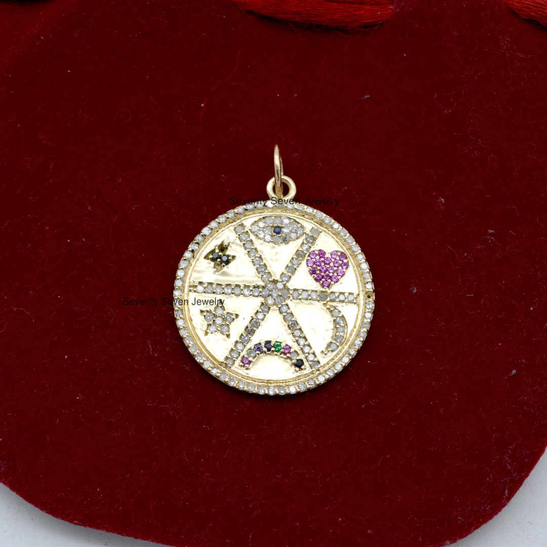 Silver Diamond Medallion Pendant, Multi Gemstone Medallion Pendant