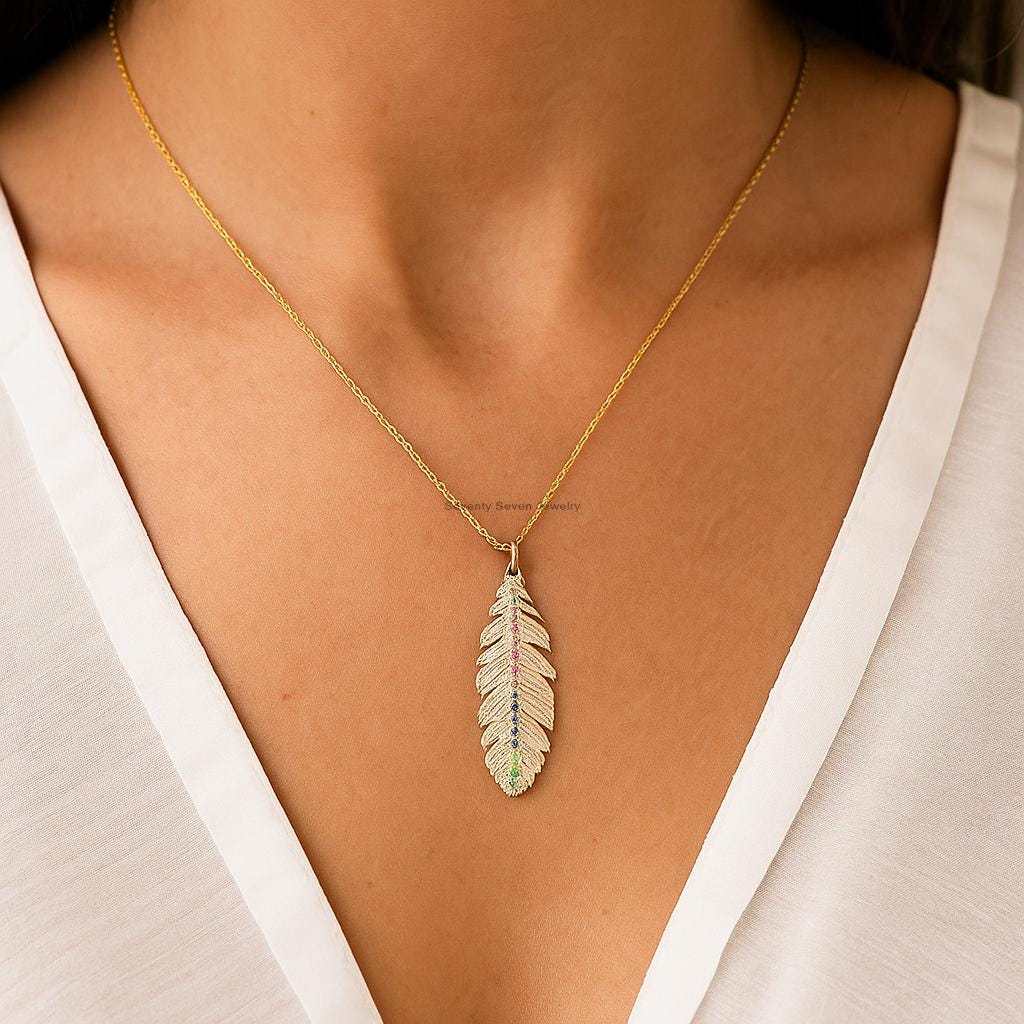 14K Gold Plated Feather Pendant, Gemstone Accent, 925 Silver - View 2 - Seventy Seven Jewelry | SKU: SSMJP- 14K Gold Plated Feather Pendant, Gemstone Accent, 925 Silver - View 2 - Seventy Seven Jewelry | SKU: SSMJP-