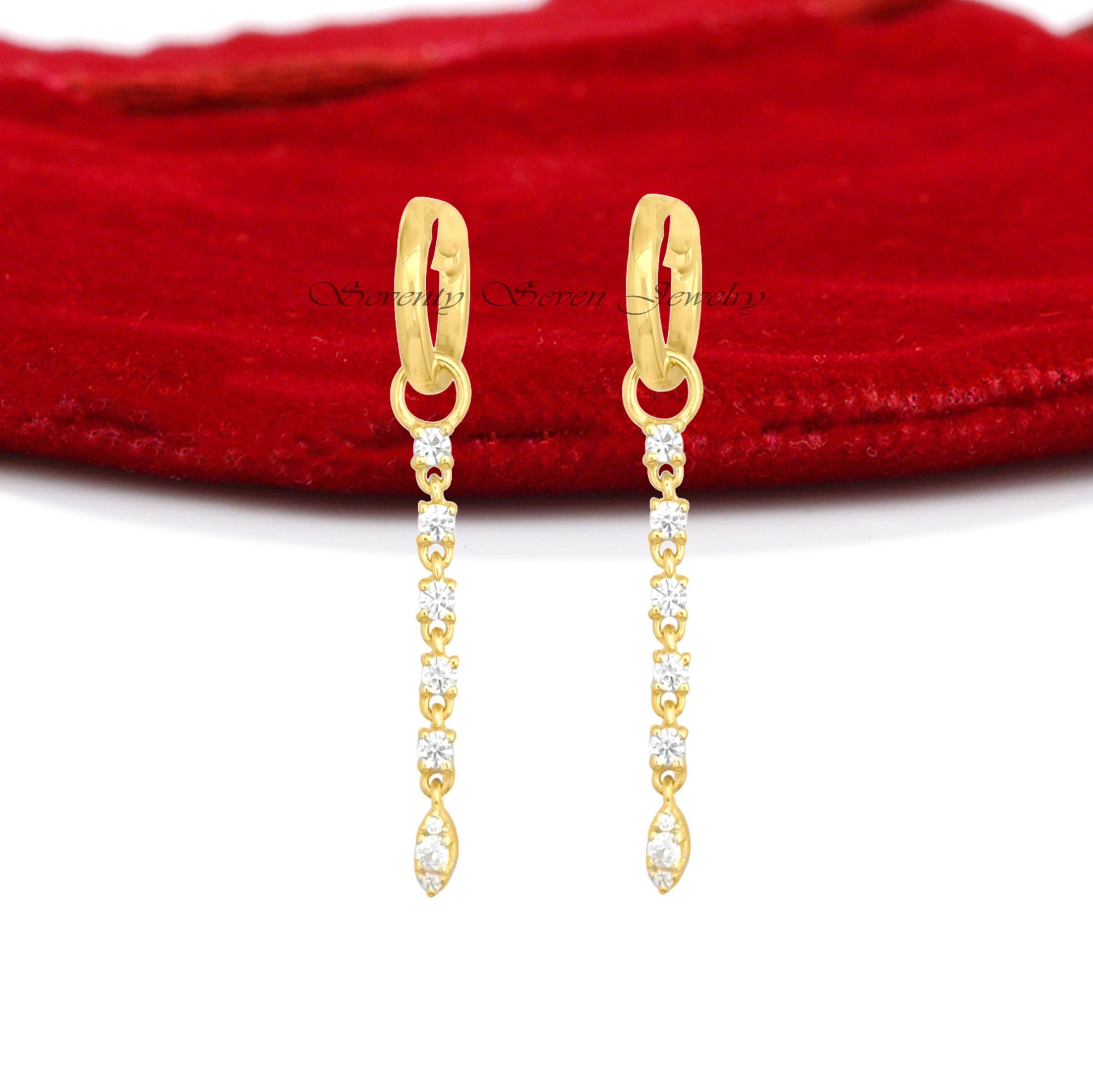 14K Gold Gemstone Drop Dangle Earrings, Thin Huggie Hoop Dangles Moissanite, Jewelry Gift Option - View 7 - Seventy Seven Jew 14K Gold Gemstone Drop Dangle Earrings, Thin Huggie Hoop Dangles Moissanite, Jewelry Gift Option - View 7 - Seventy Seven Jew