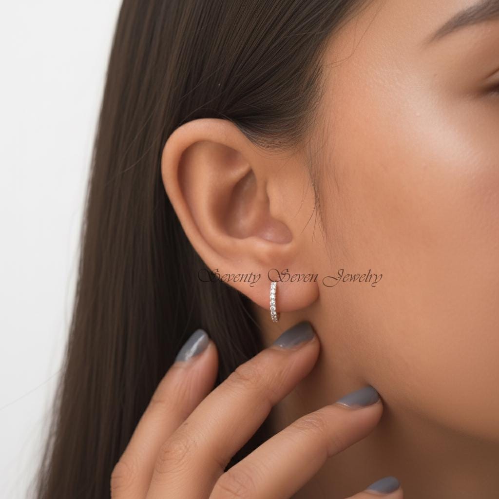 9K Gold Hoop Earrings, Tiny Gemstone Studs, Wholesale Prices Available - View 3 - Seventy Seven Jewelry | SKU: SSMJE66- 9K Gold Hoop Earrings, Tiny Gemstone Studs, Wholesale Prices Available - View 3 - Seventy Seven Jewelry | SKU: SSMJE66-