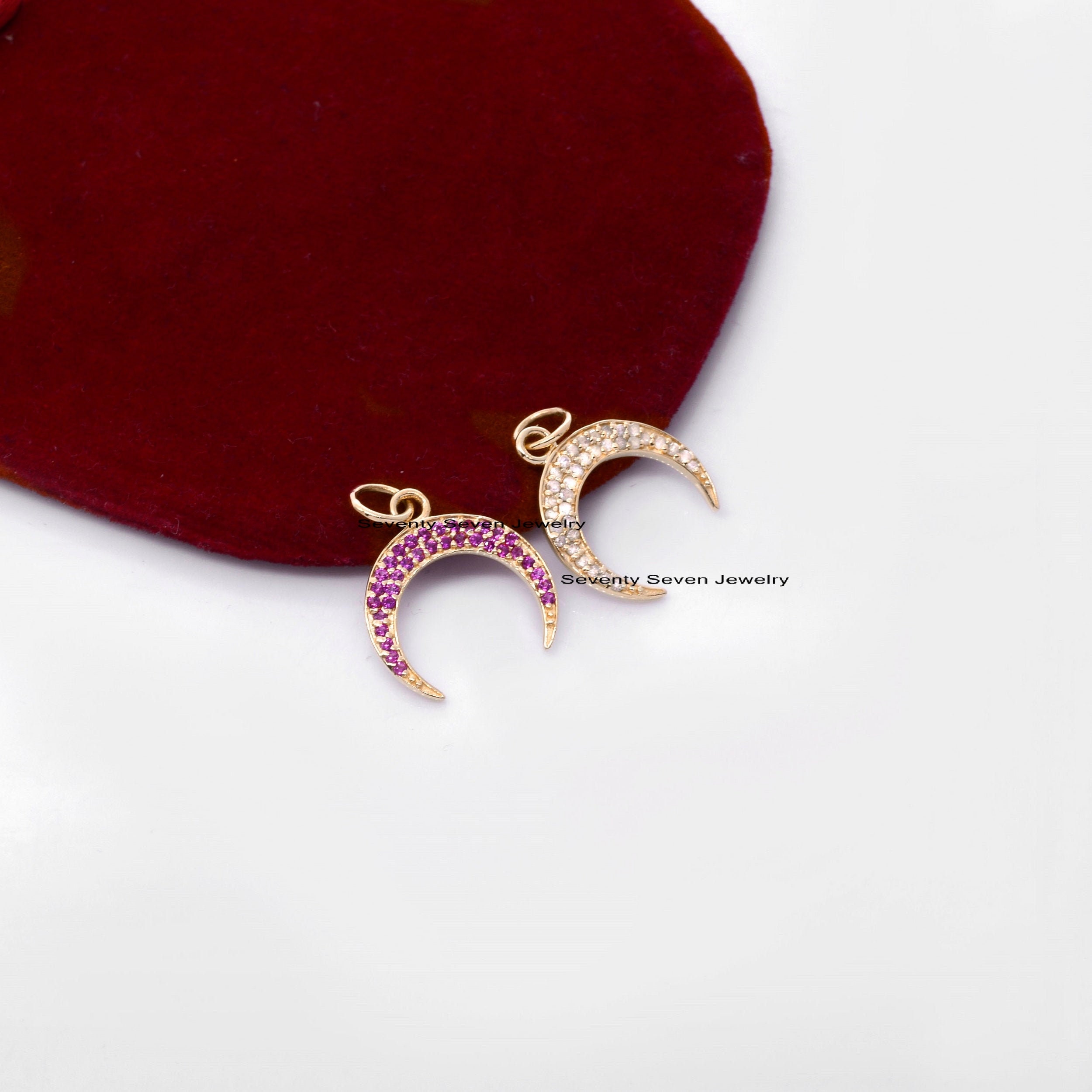 925 Silver Diamond Crescent Moon Pendant: Half Horn - View 2 - Seventy Seven Jewelry | SKU: SSMJP462-SLYGDI-2026 925 Silver Diamond Crescent Moon Pendant: Half Horn - View 2 - Seventy Seven Jewelry | SKU: SSMJP462-SLYGDI-2026