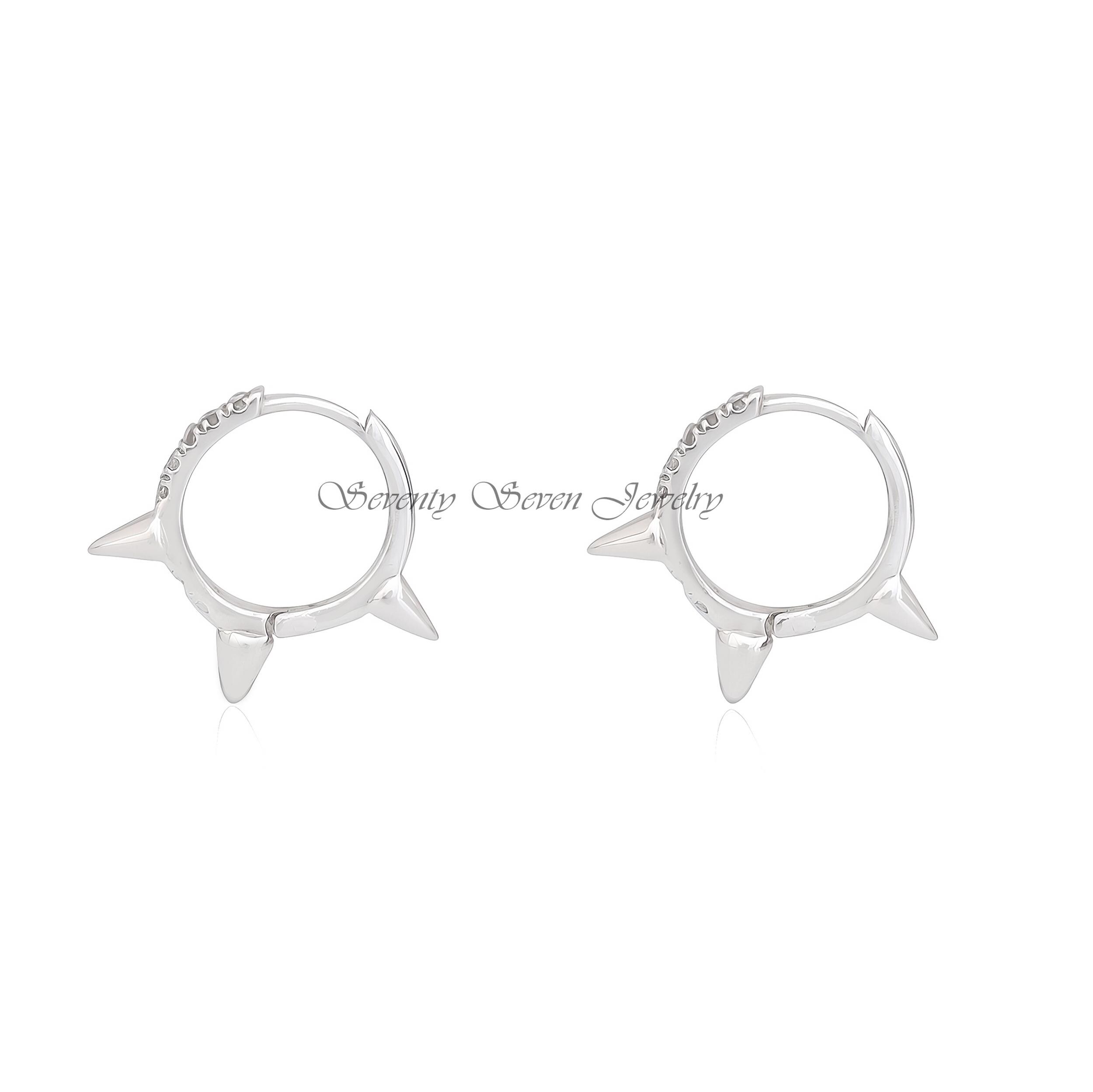 Gold Spike Hoop Earrings: CZ Diamond Huggies, 14K Hoops - View 5 - Seventy Seven Jewelry | SKU: SSMJE974-SLNSMN-12M-2026 Gold Spike Hoop Earrings: CZ Diamond Huggies, 14K Hoops - View 5 - Seventy Seven Jewelry | SKU: SSMJE974-SLNSMN-12M-2026