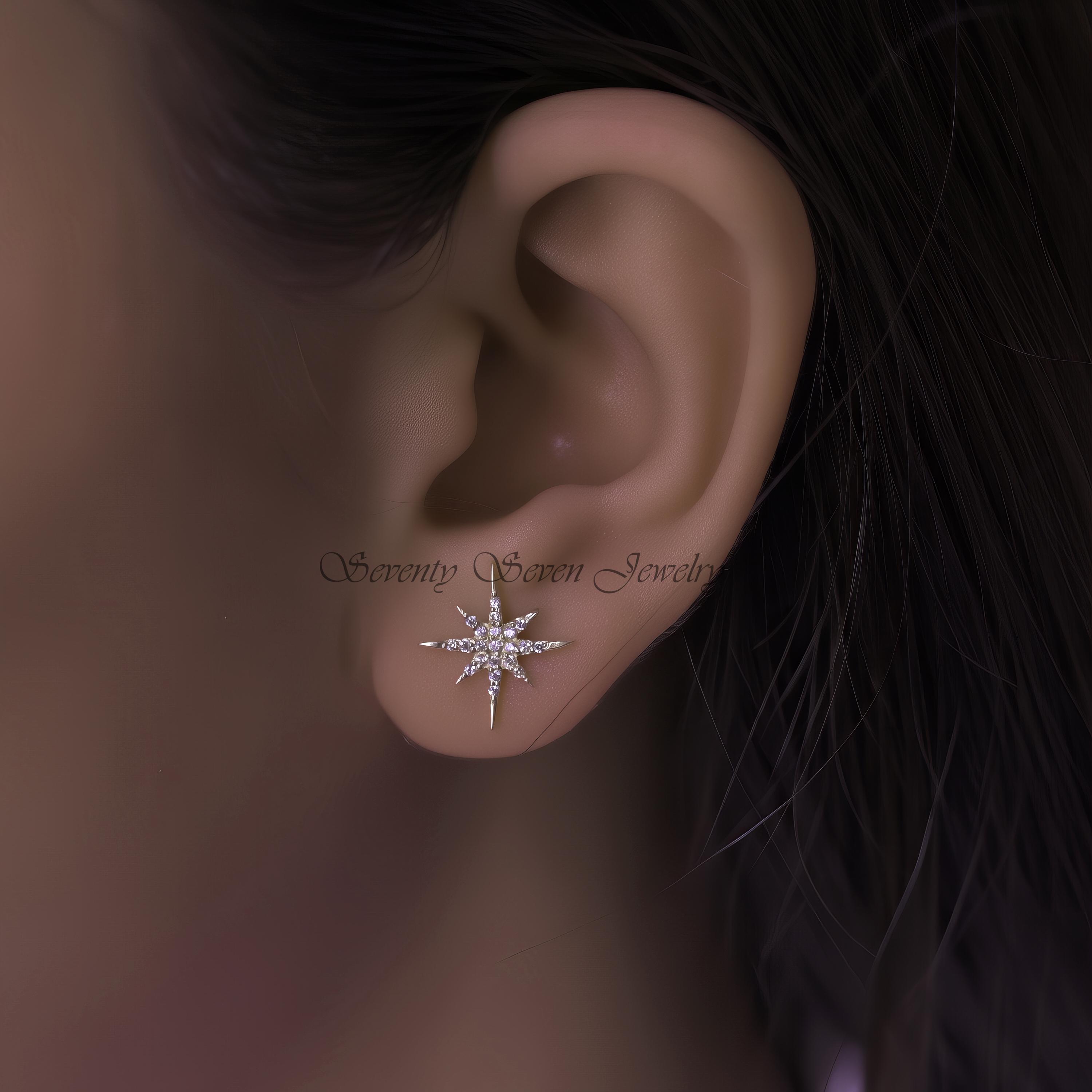 14k Gold Diamond Starburst Stud Earrings, Tiny 12mm Jewelry - View 7 - Seventy Seven Jewelry | SKU: SSMJE325-14KYGDI 14k Gold Diamond Starburst Stud Earrings, Tiny 12mm Jewelry - View 7 - Seventy Seven Jewelry | SKU: SSMJE325-14KYGDI