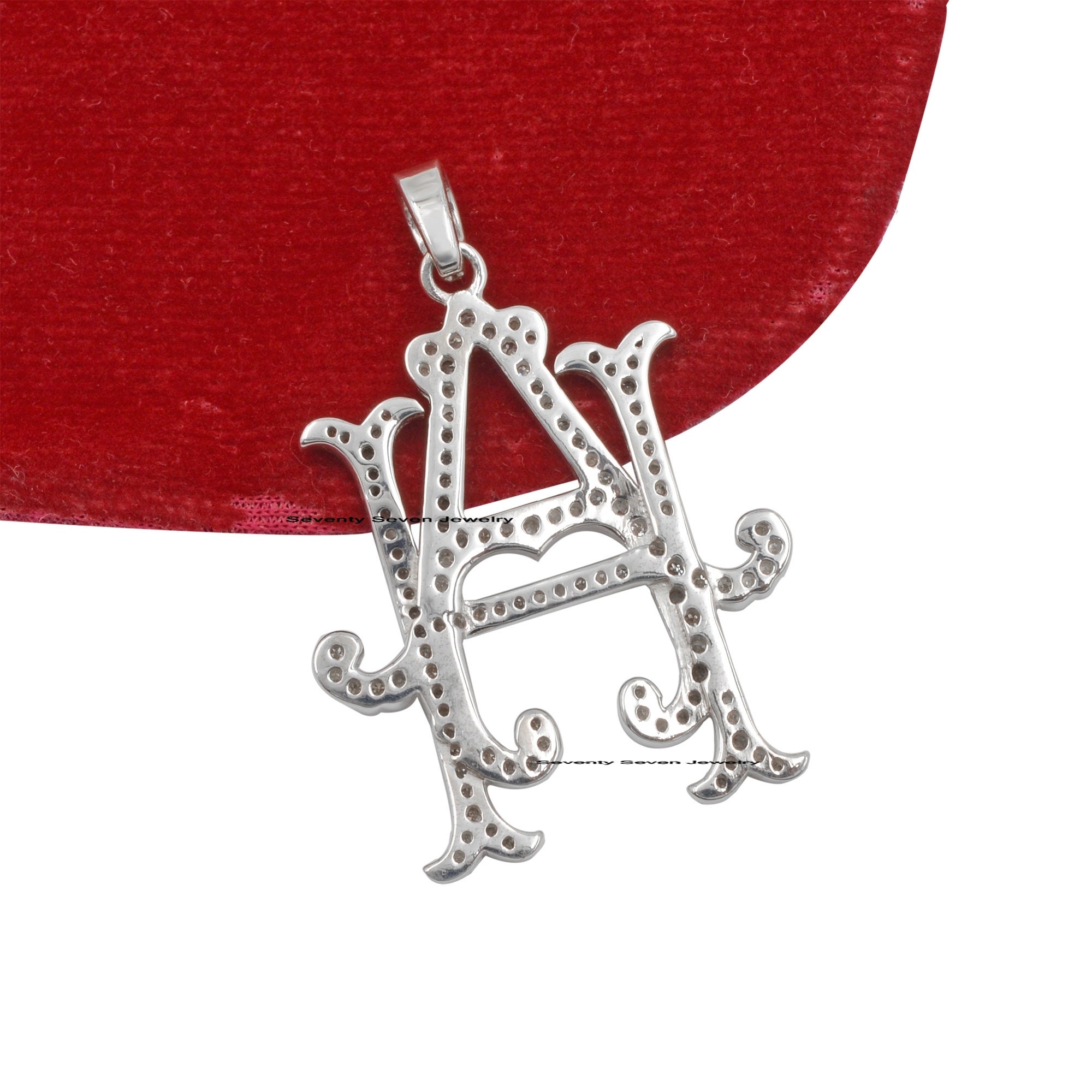 925 Silver Diamond Monogram Pendant: Personalized Initial Necklace - View 5 - Seventy Seven Jewelry | SKU: SSMJP20-SLRHDI-202 925 Silver Diamond Monogram Pendant: Personalized Initial Necklace - View 5 - Seventy Seven Jewelry | SKU: SSMJP20-SLRHDI-202