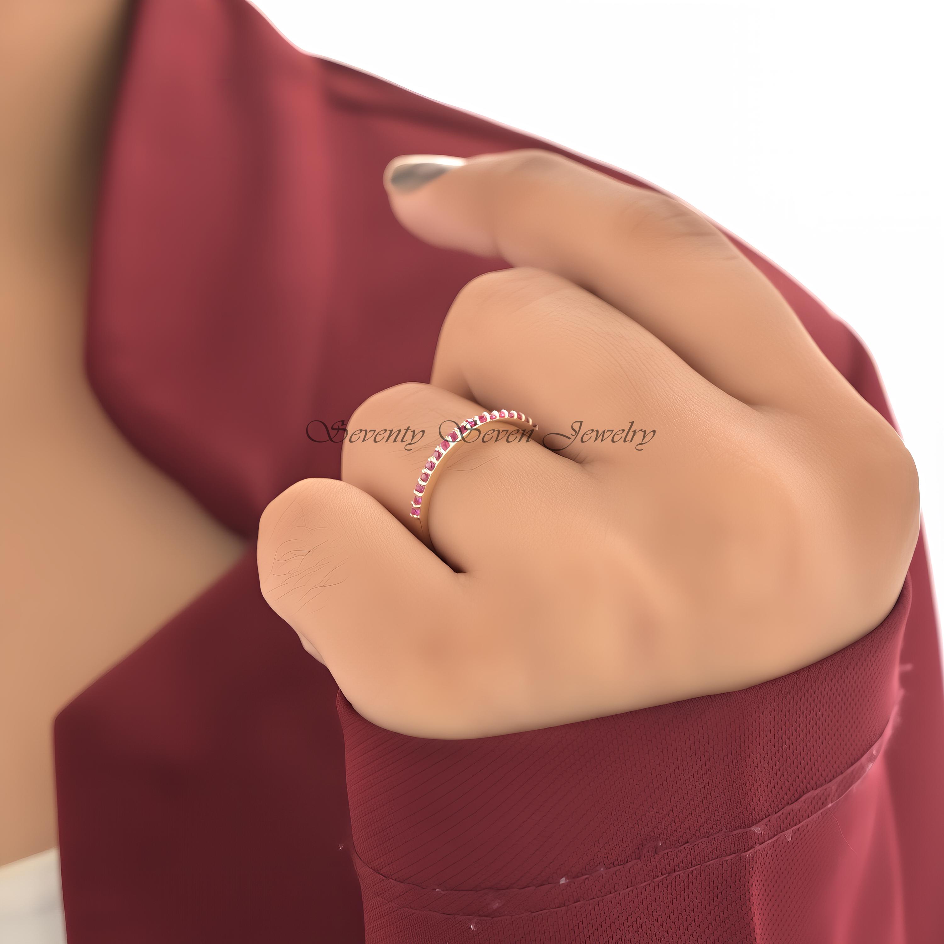 925 Silver Ruby Gemstone Ring: Dainty Half Eternity Band - View 4 - Seventy Seven Jewelry | SKU: SSMJR51-SLRGRU-2026 925 Silver Ruby Gemstone Ring: Dainty Half Eternity Band - View 4 - Seventy Seven Jewelry | SKU: SSMJR51-SLRGRU-2026