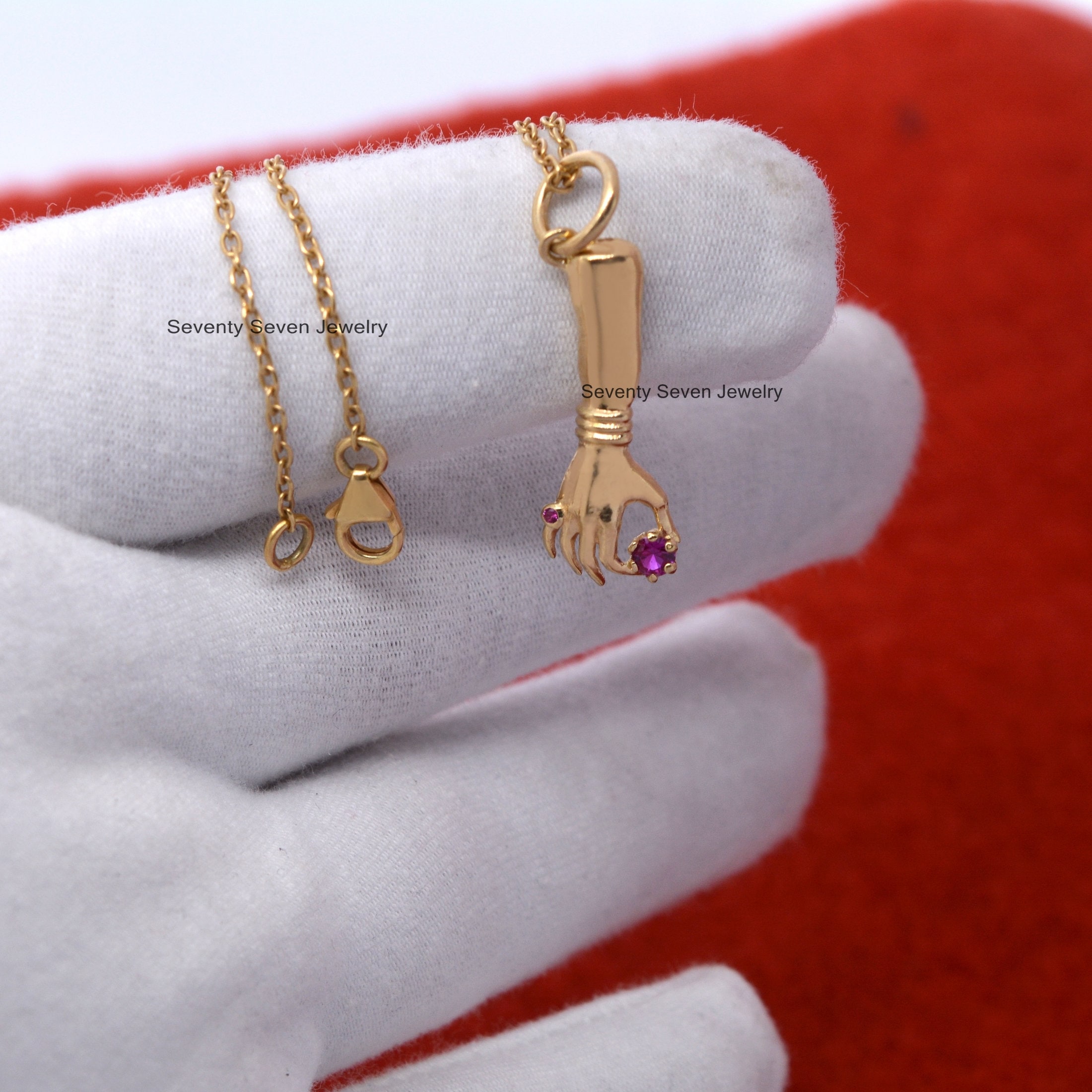 Sterling Silver Figa Hand Necklace: Ruby Gemstone Pendant - View 5 - Seventy Seven Jewelry | SKU: SSMJP517-N41-SLWGRU-2026 Sterling Silver Figa Hand Necklace: Ruby Gemstone Pendant - View 5 - Seventy Seven Jewelry | SKU: SSMJP517-N41-SLWGRU-2026