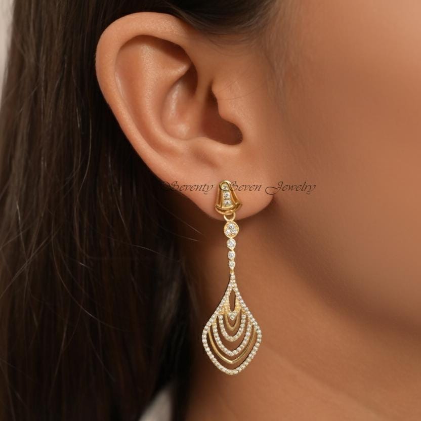 14K Gold Diamond Drop Dangle Earrings | Traditional Bell-Shaped Studs for Weddings - View 3 - Seventy Seven Jewelry | SKU: SS 14K Gold Diamond Drop Dangle Earrings | Traditional Bell-Shaped Studs for Weddings - View 3 - Seventy Seven Jewelry | SKU: SS