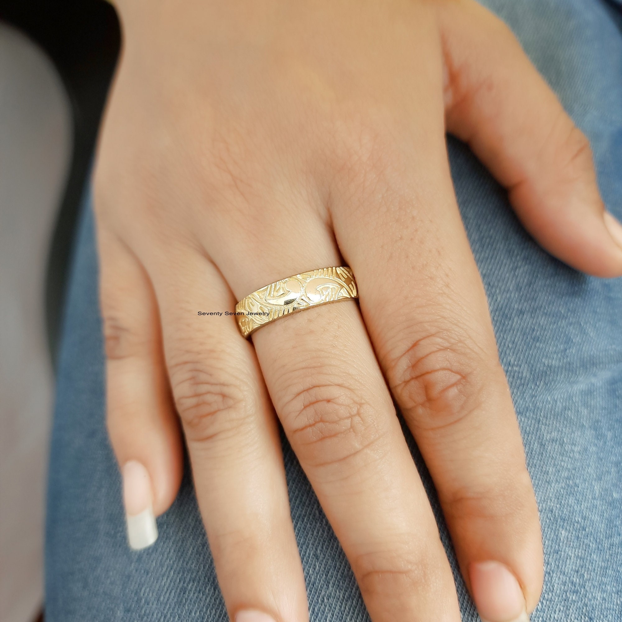 Sterling Silver Floral Engraved Band Ring: Carved Wedding Jewelry - View 6 - Seventy Seven Jewelry | SKU: SSMJR624-SLYG-2026 Sterling Silver Floral Engraved Band Ring: Carved Wedding Jewelry - View 6 - Seventy Seven Jewelry | SKU: SSMJR624-SLYG-2026