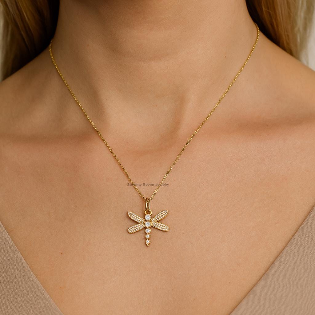 14K Gold Plated Dragonfly Pendant, Gemstone Insect Charm - View 2 - Seventy Seven Jewelry | SKU: SSMJP- 14K Gold Plated Dragonfly Pendant, Gemstone Insect Charm - View 2 - Seventy Seven Jewelry | SKU: SSMJP-