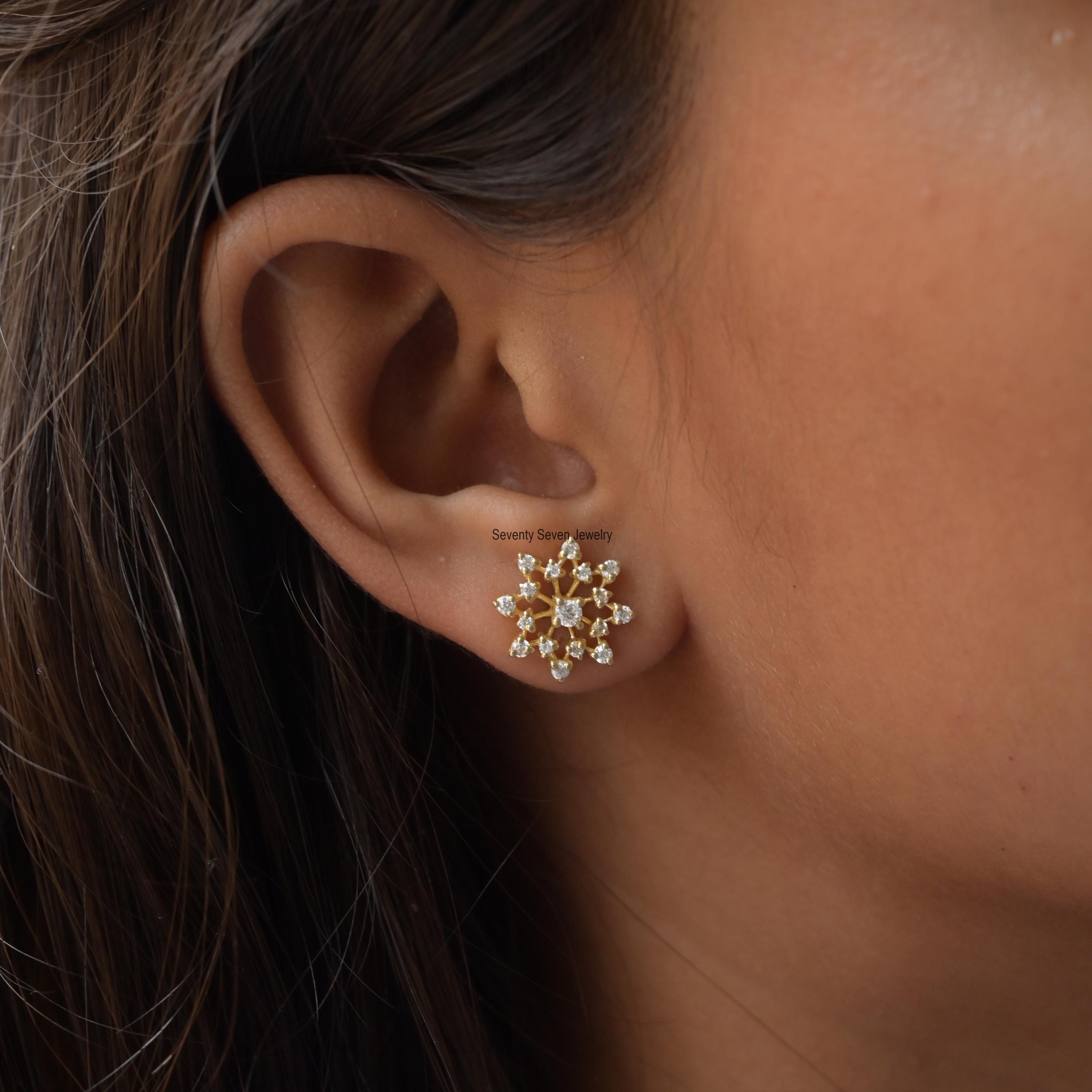 14K Gold Snowflake Lab Diamond Stud Earrings, 10MM - View 3 - Seventy Seven Jewelry | SKU: SSMJE1078- 14K Gold Snowflake Lab Diamond Stud Earrings, 10MM - View 3 - Seventy Seven Jewelry | SKU: SSMJE1078-