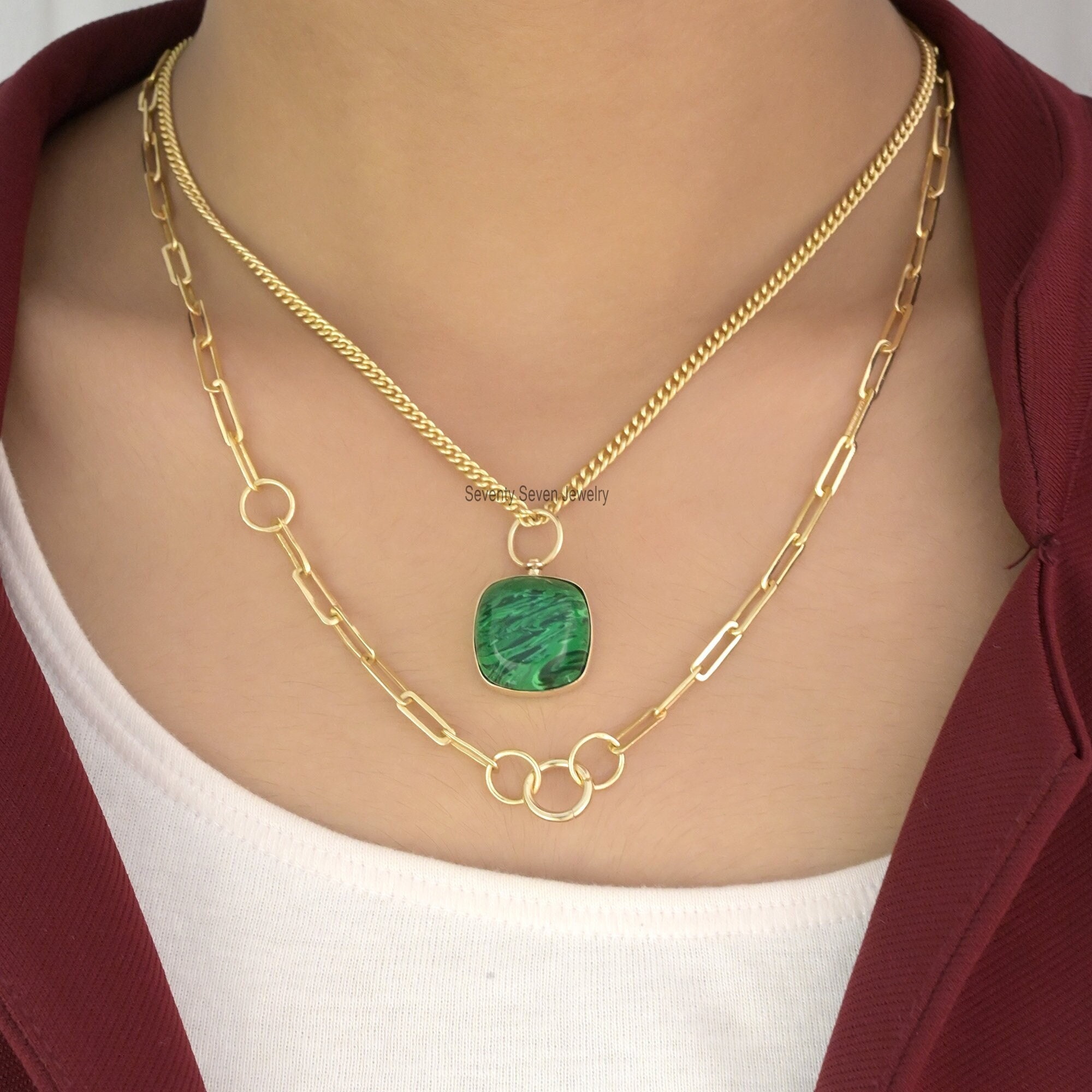14K Gold Malachite Square Pendant: Gemstone Bar Charm - View 2 - Seventy Seven Jewelry | SKU: SSMJP412-14KYGLPZ-1-2026 14K Gold Malachite Square Pendant: Gemstone Bar Charm - View 2 - Seventy Seven Jewelry | SKU: SSMJP412-14KYGLPZ-1-2026