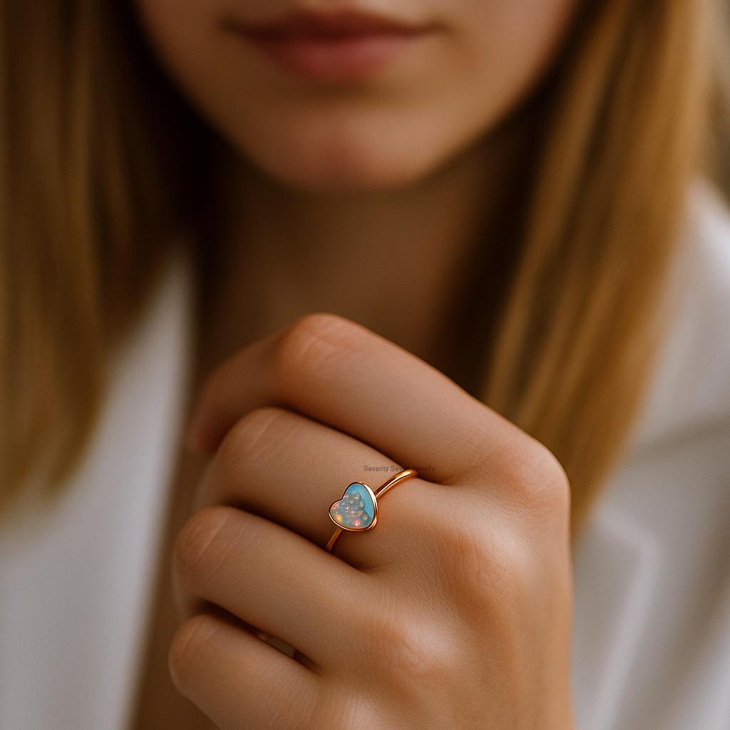 14K Gold Plated Opal Heart Ring: 925 Sterling Silver, October Birthstone - View 2 - Seventy Seven Jewelry | SKU: SSMJR- 14K Gold Plated Opal Heart Ring: 925 Sterling Silver, October Birthstone - View 2 - Seventy Seven Jewelry | SKU: SSMJR-