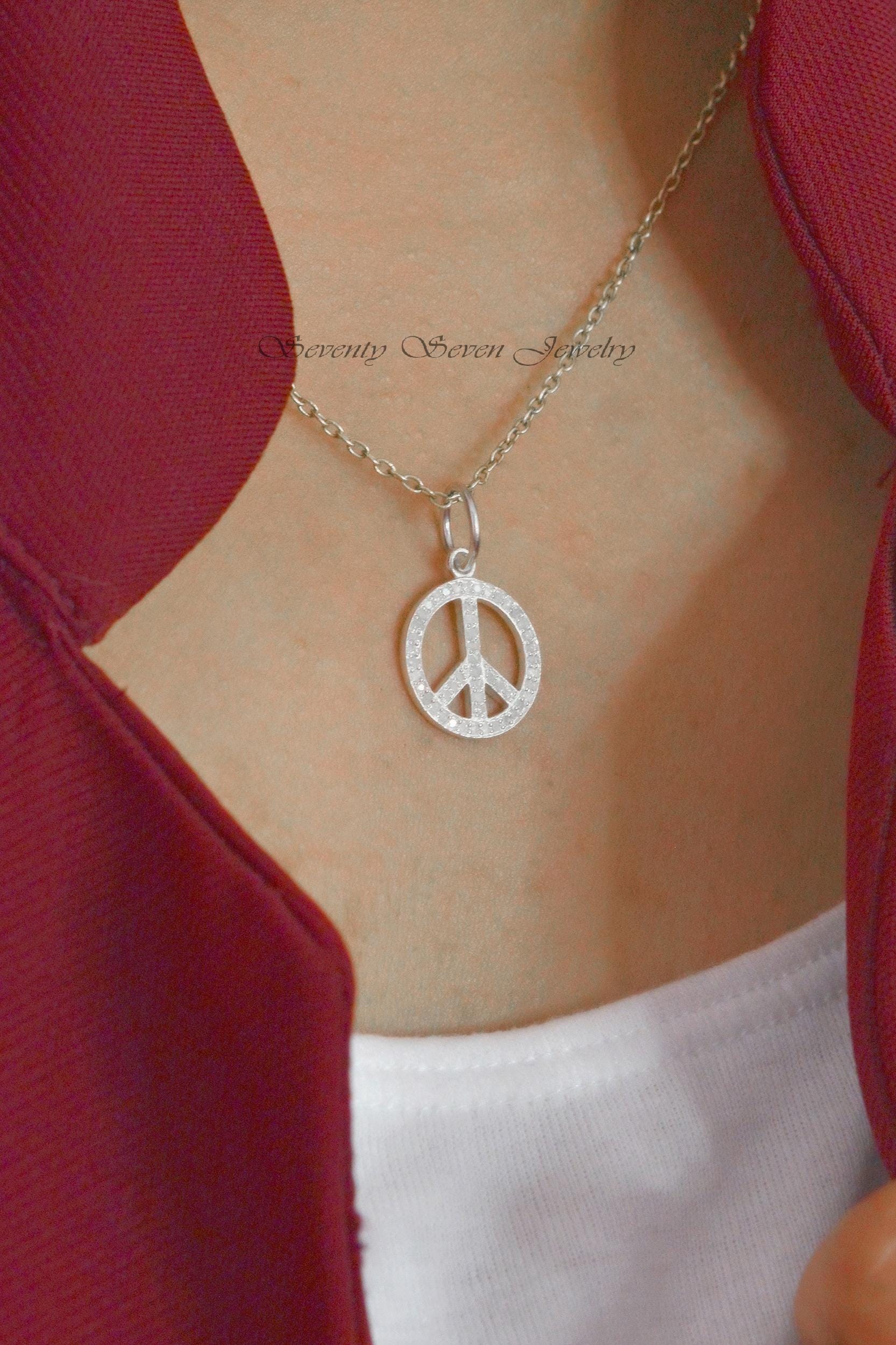 Diamond Peace Sign Pendant Necklace: Sterling Silver Charm (16 MM) - View 6 - Seventy Seven Jewelry | SKU: SSMJP357-SLYGDI-16 Diamond Peace Sign Pendant Necklace: Sterling Silver Charm (16 MM) - View 6 - Seventy Seven Jewelry | SKU: SSMJP357-SLYGDI-16